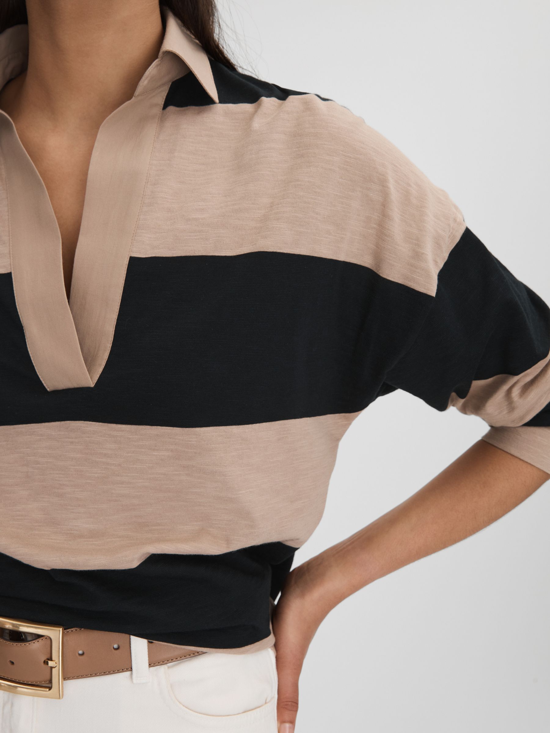 Striped Cotton Open-Collar T-Shirt in Black/Camel - Image 4 of 6