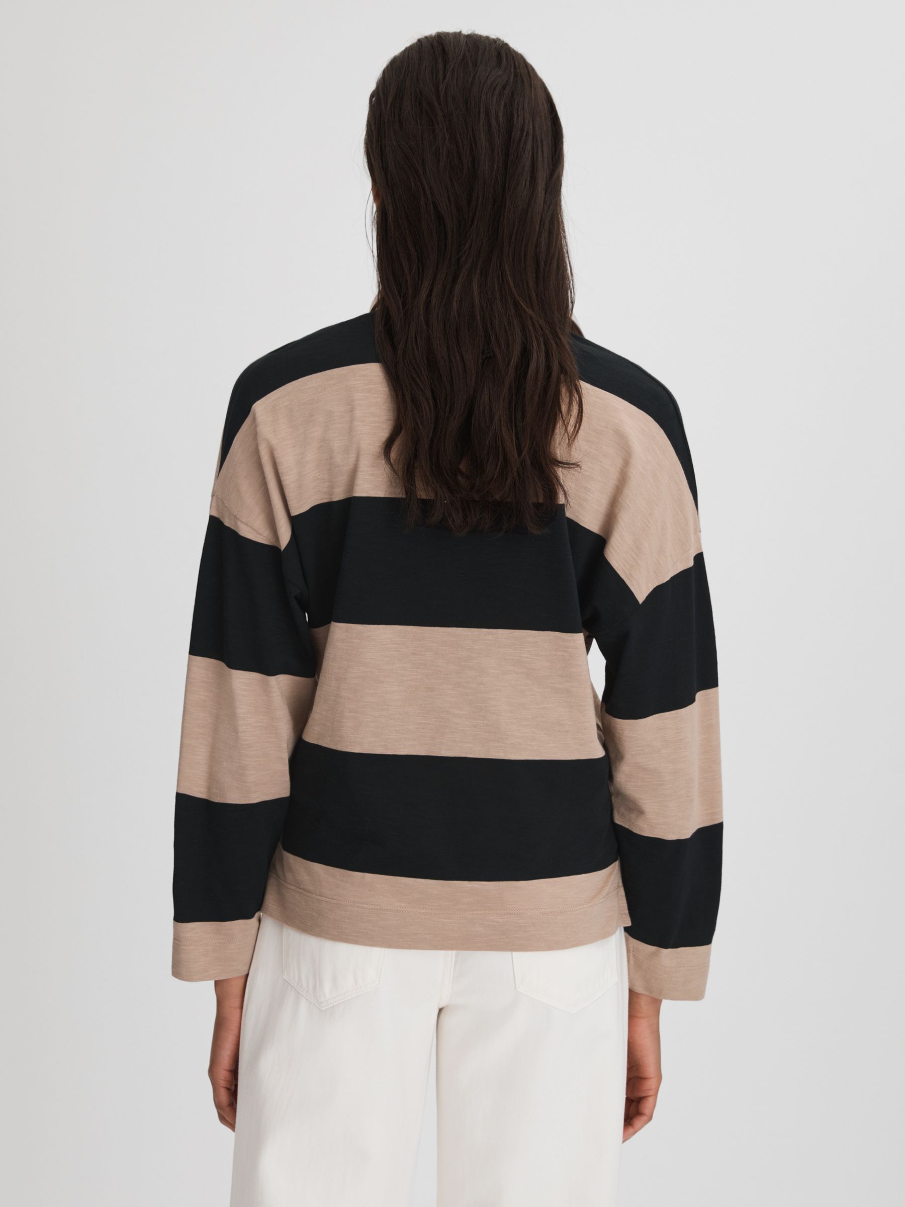 Striped Cotton Open-Collar T-Shirt in Black/Camel - Image 5 of 6