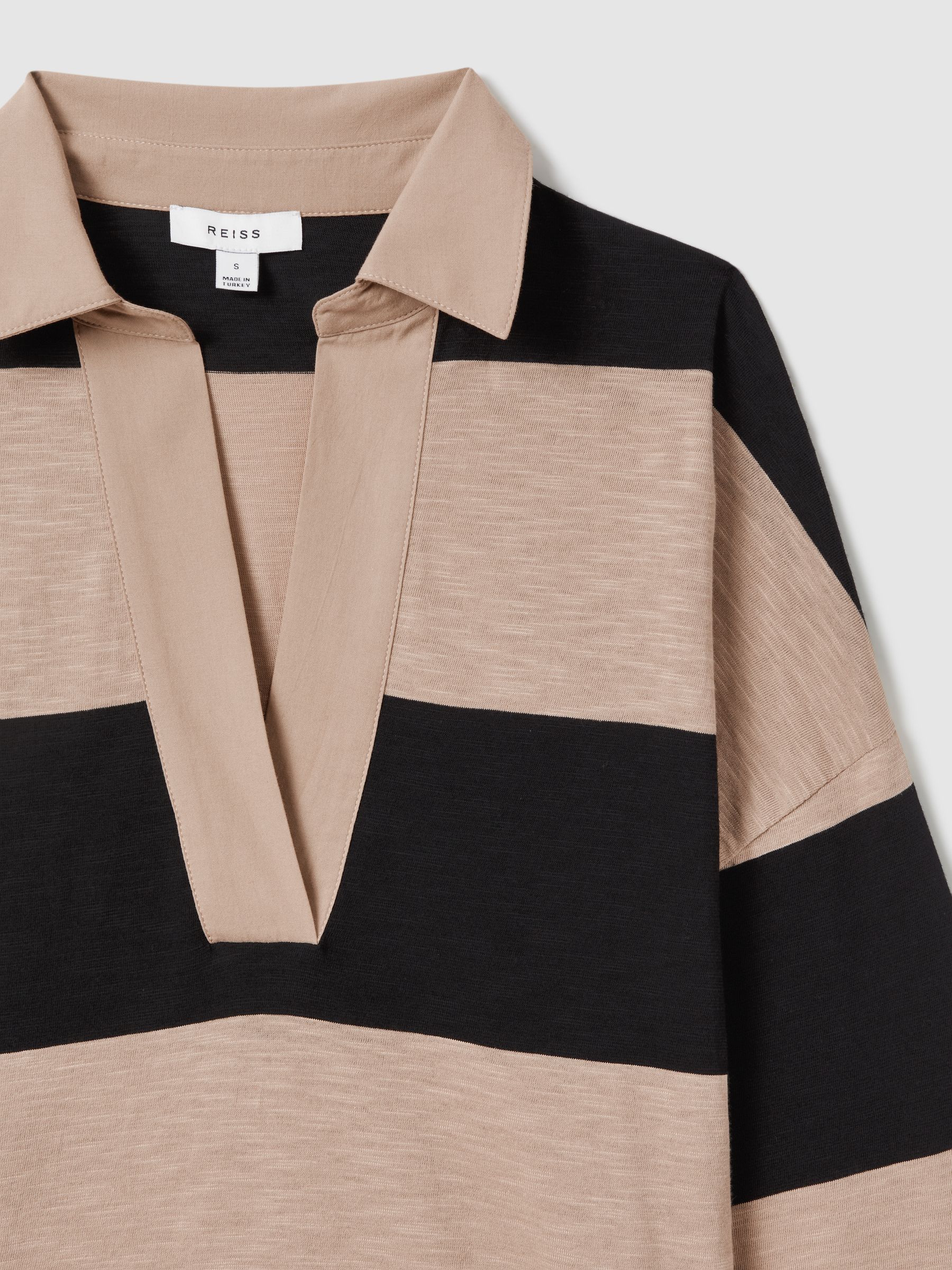 Striped Cotton Open-Collar T-Shirt in Black/Camel - Image 6 of 6