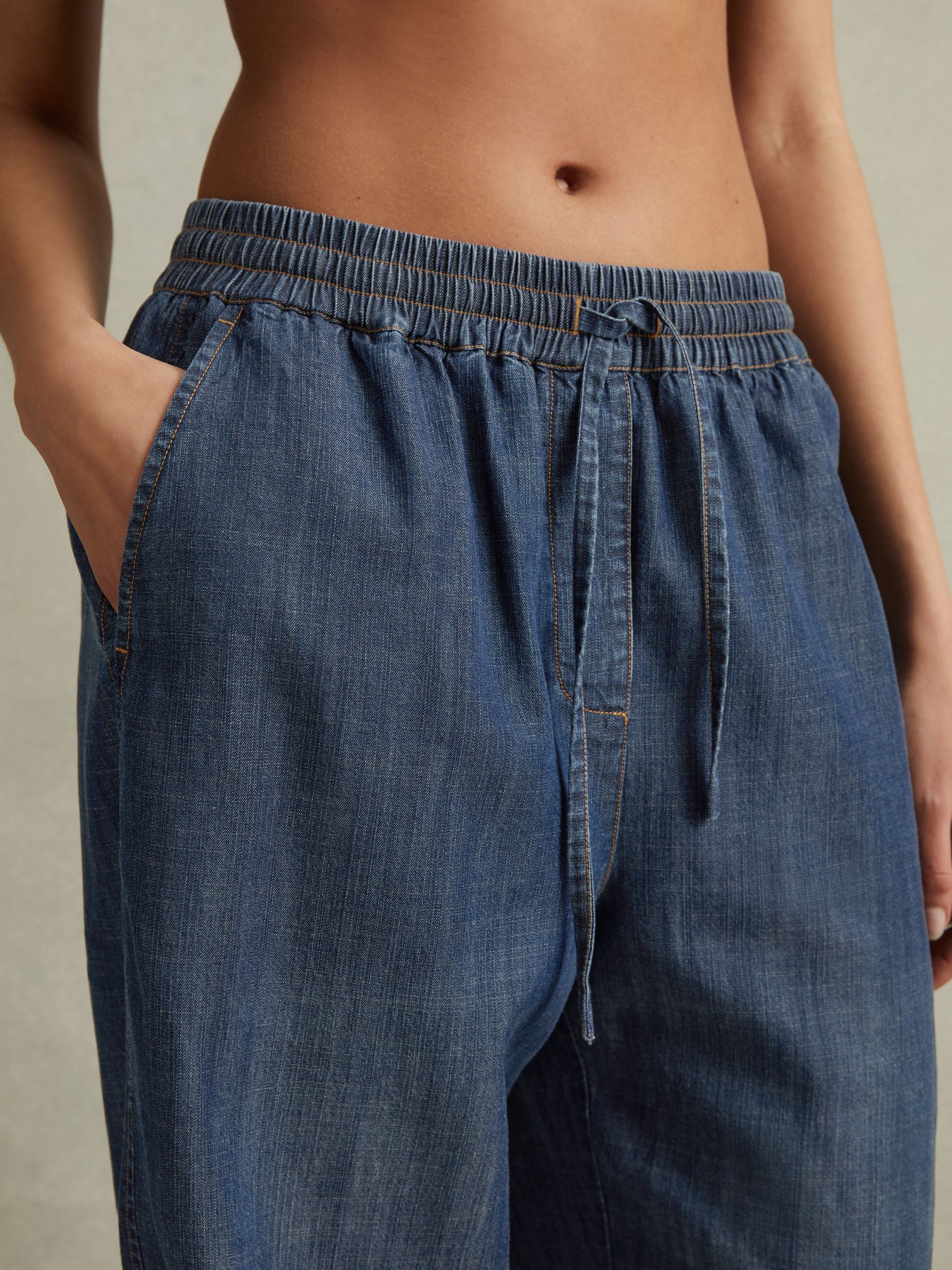Denim Look Tapered Trousers in Mid Blue - Image 3 of 6