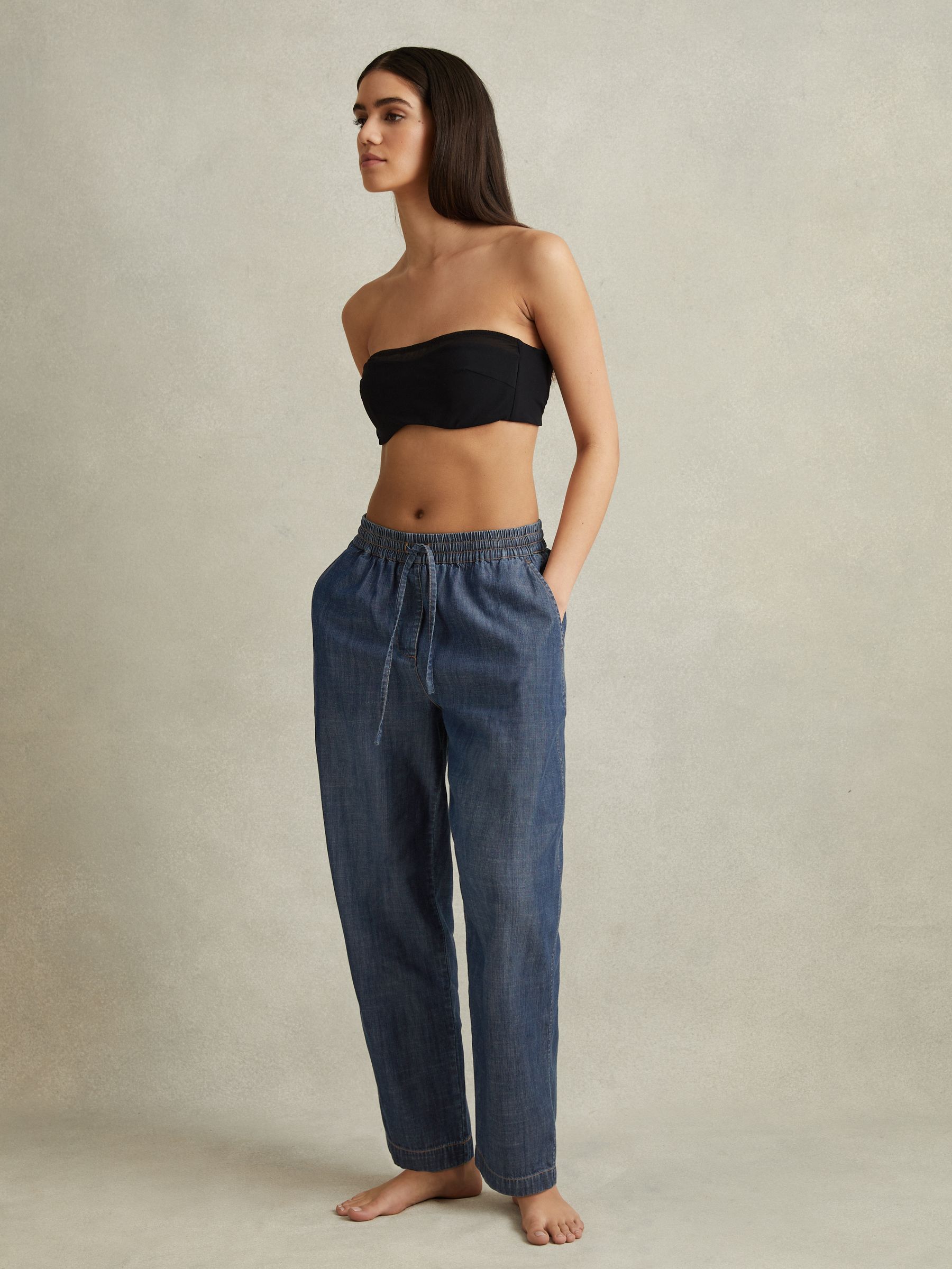 Denim Look Tapered Trousers in Mid Blue - Image 4 of 6