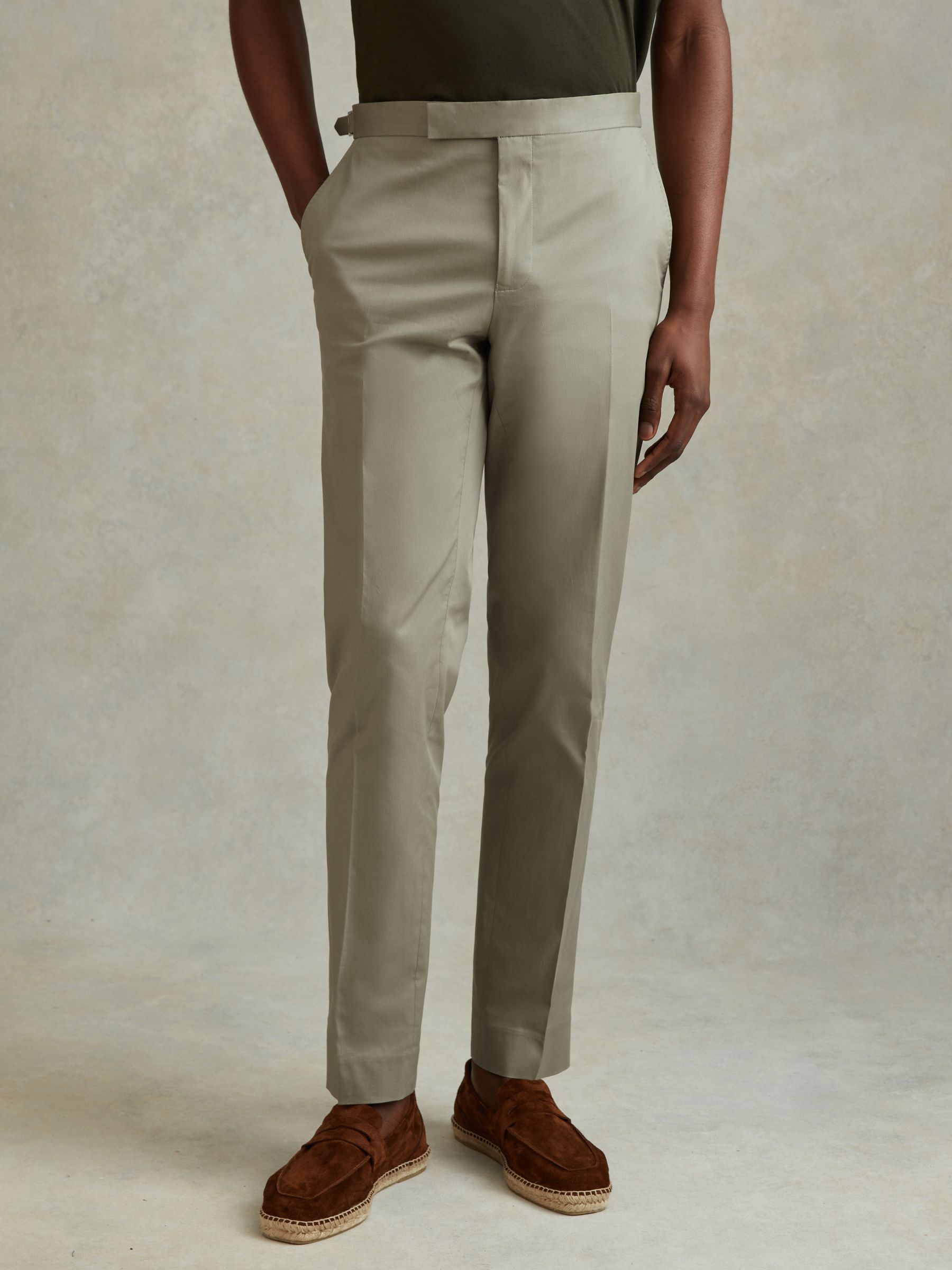 Slim Fit Cotton Blend Adjuster Trousers in Sage - Image 3 of 6