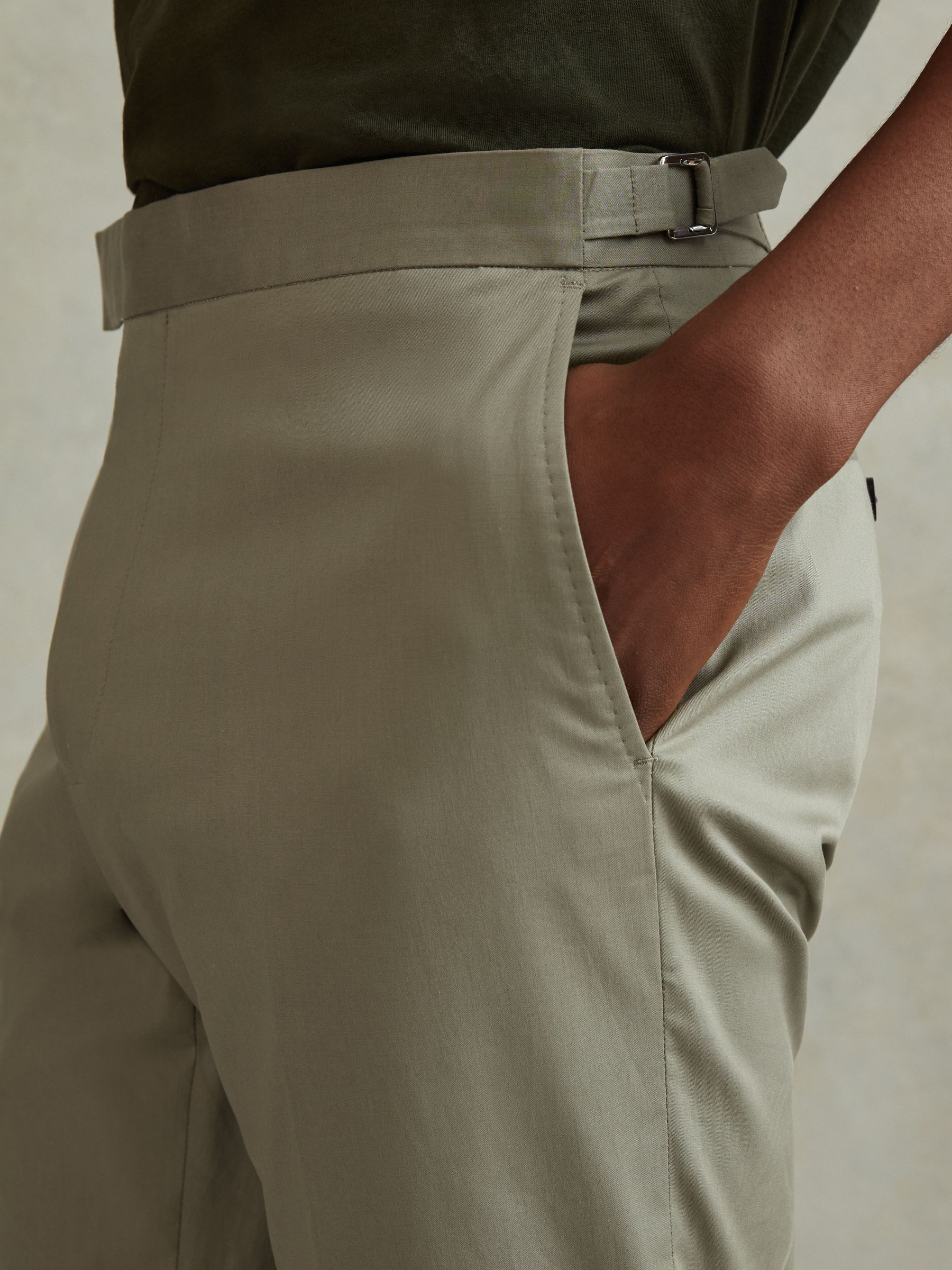 Slim Fit Cotton Blend Adjuster Trousers in Sage - Image 4 of 6