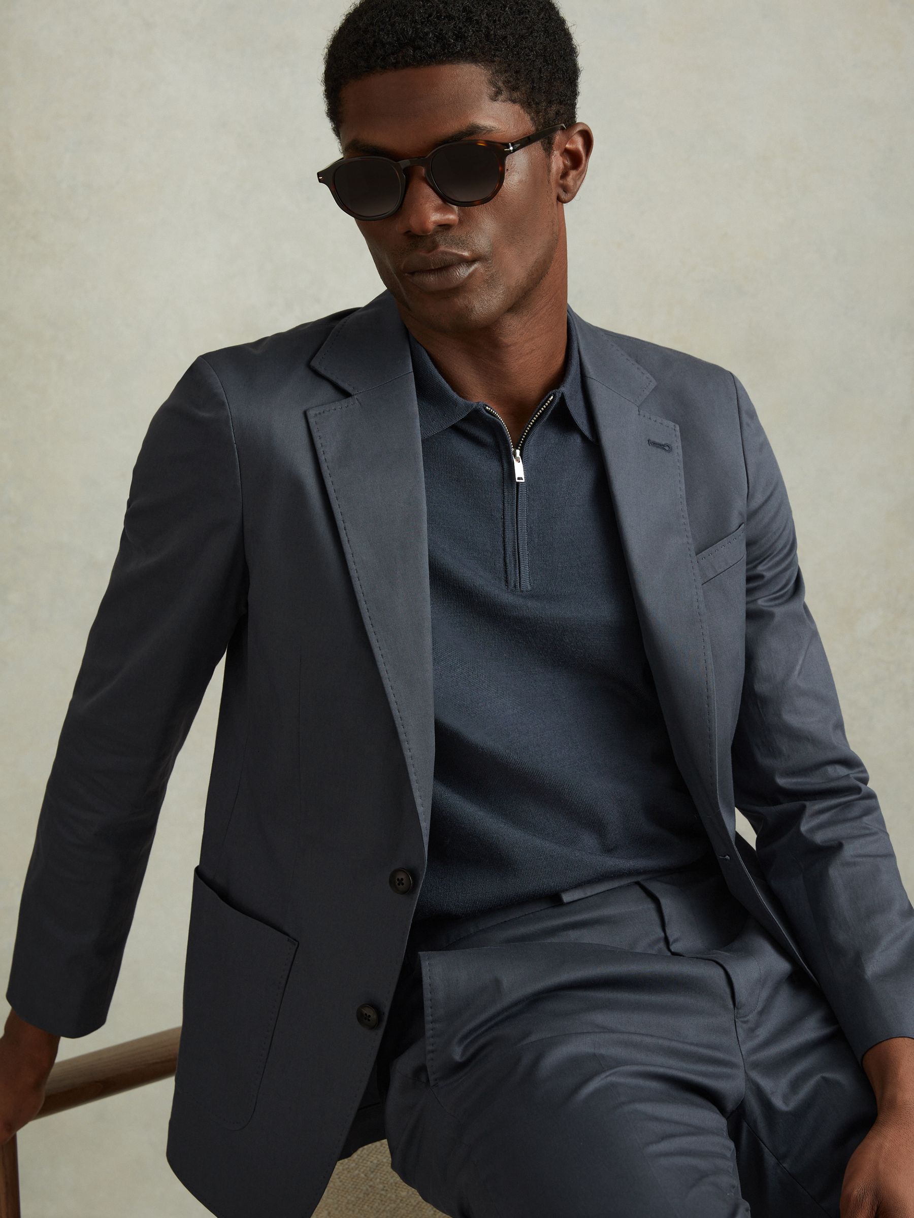 Slim Fit Cotton Blend Single Breasted Blazer in Airforce Blue - Image 1 of 7