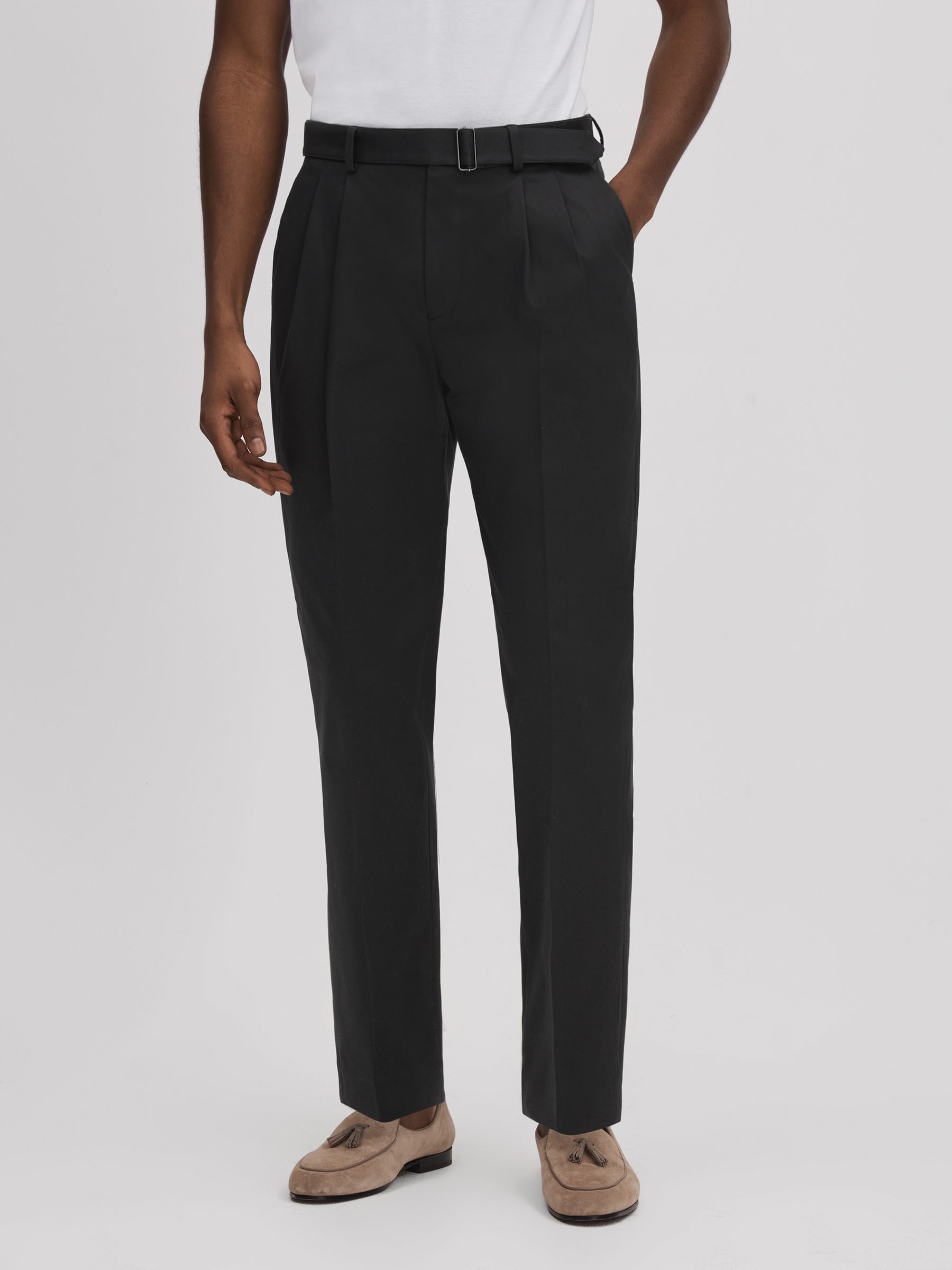 Relaxed Tapered Belted Trousers in Black - Image 1 of 5 Relaxed Tapered Belted Trousers in Black - Image 1 of 5