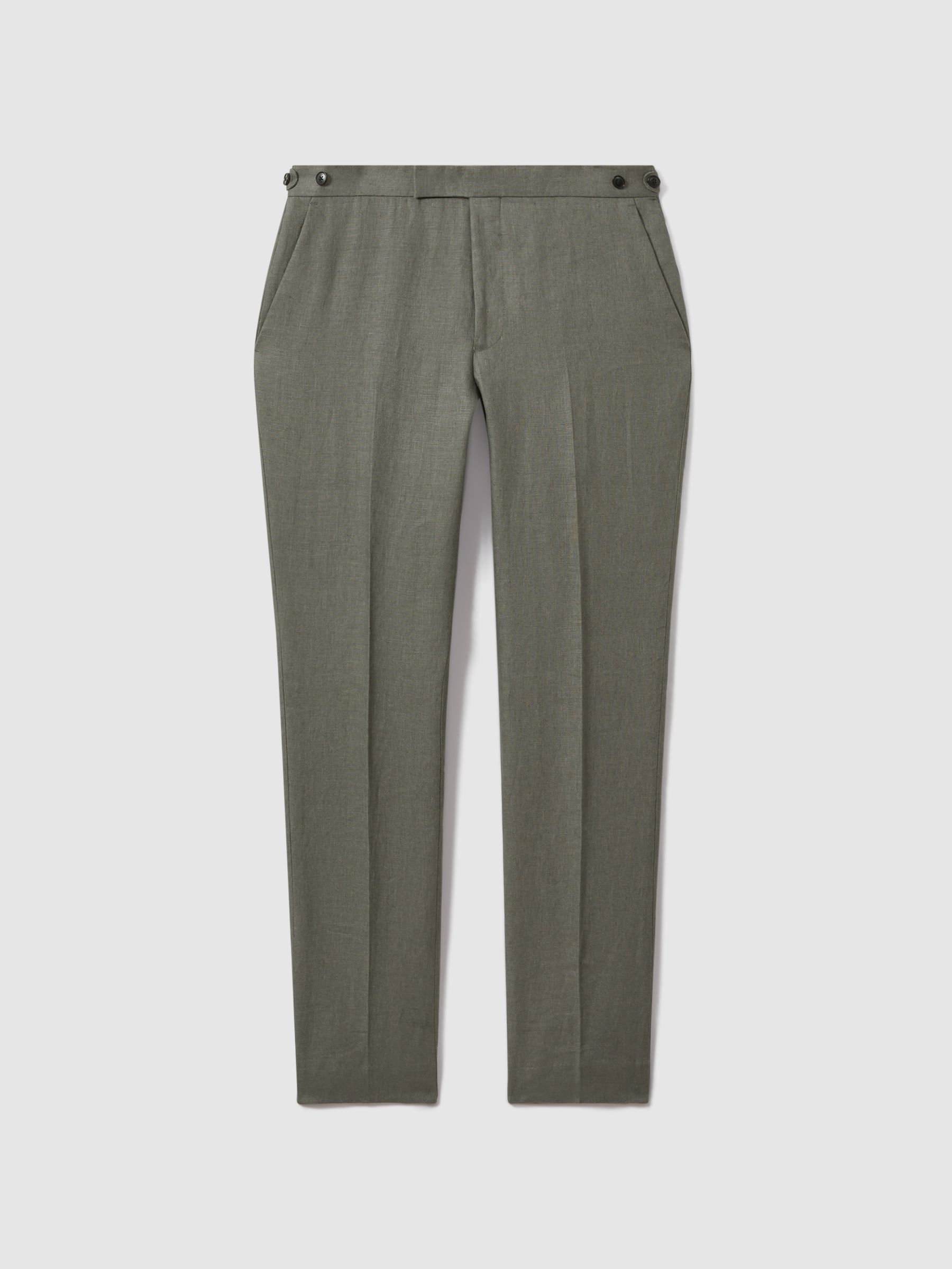 Halgas Dark Sage 100% Linen Side Adjuster Slim Fit Trousers - Image 2 of 6
