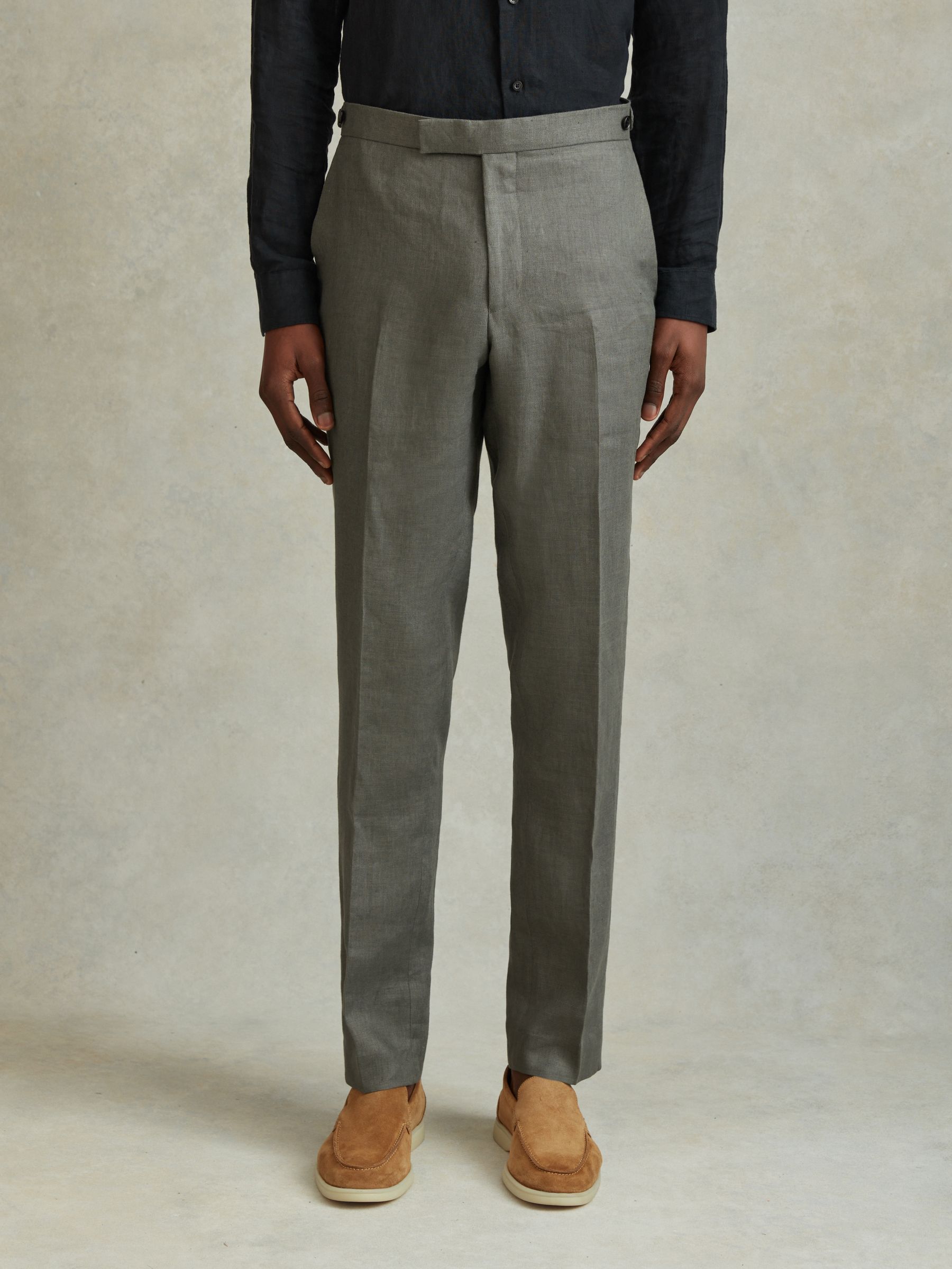 Halgas Dark Sage 100% Linen Side Adjuster Slim Fit Trousers - Image 3 of 6