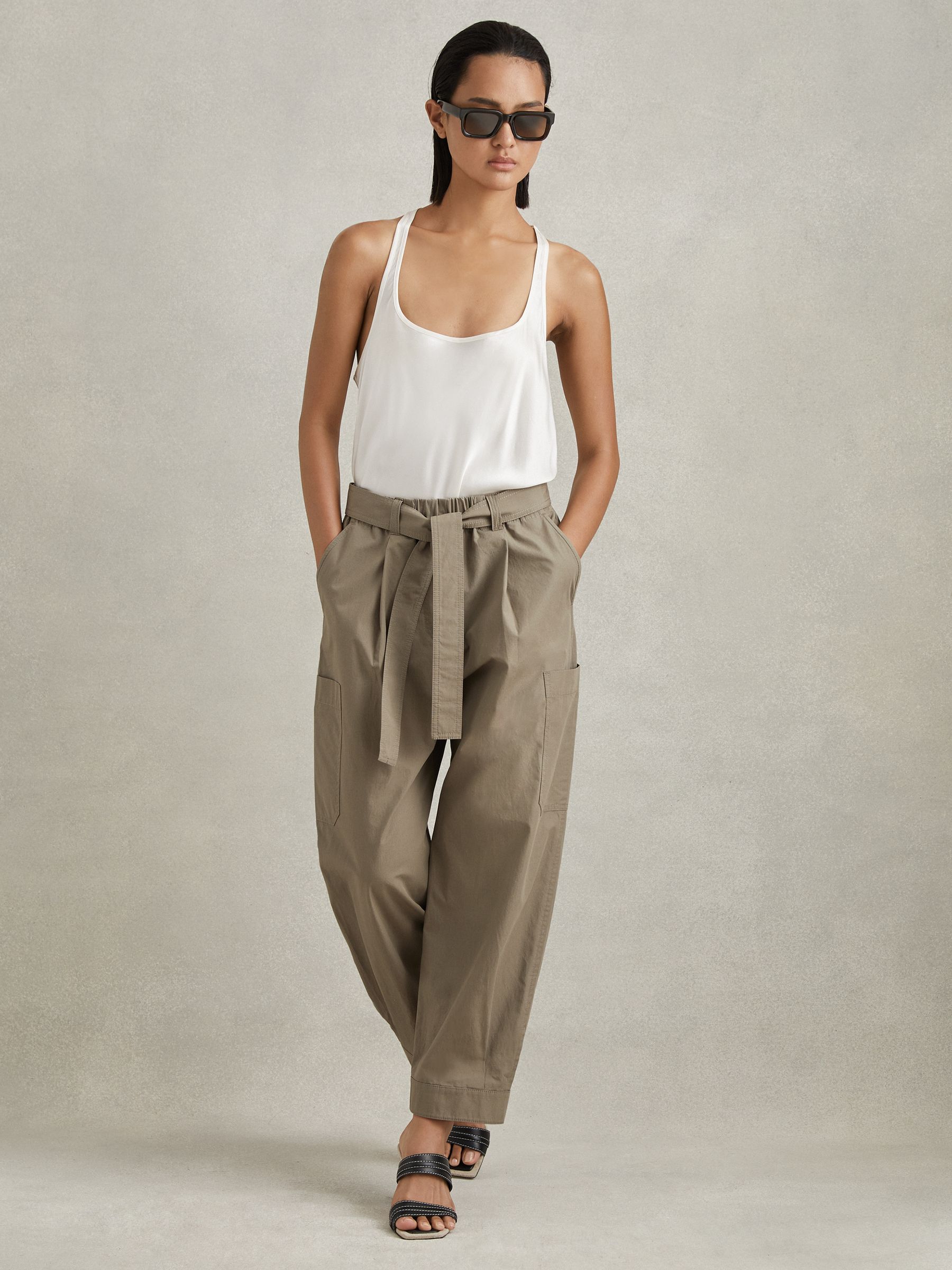 Cotton Tapered Parachute Trousers in Khaki - Image 1 of 6