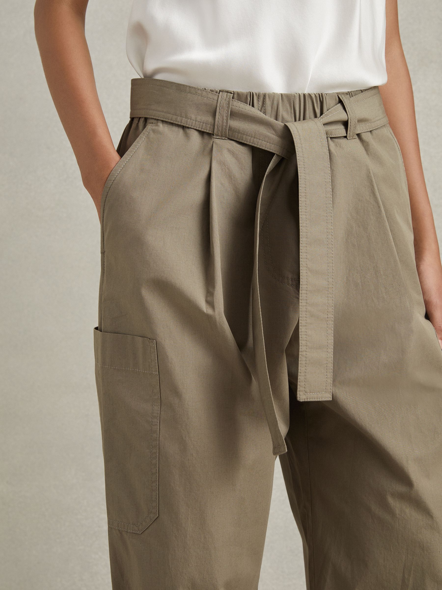 Cotton Tapered Parachute Trousers in Khaki - Image 3 of 6