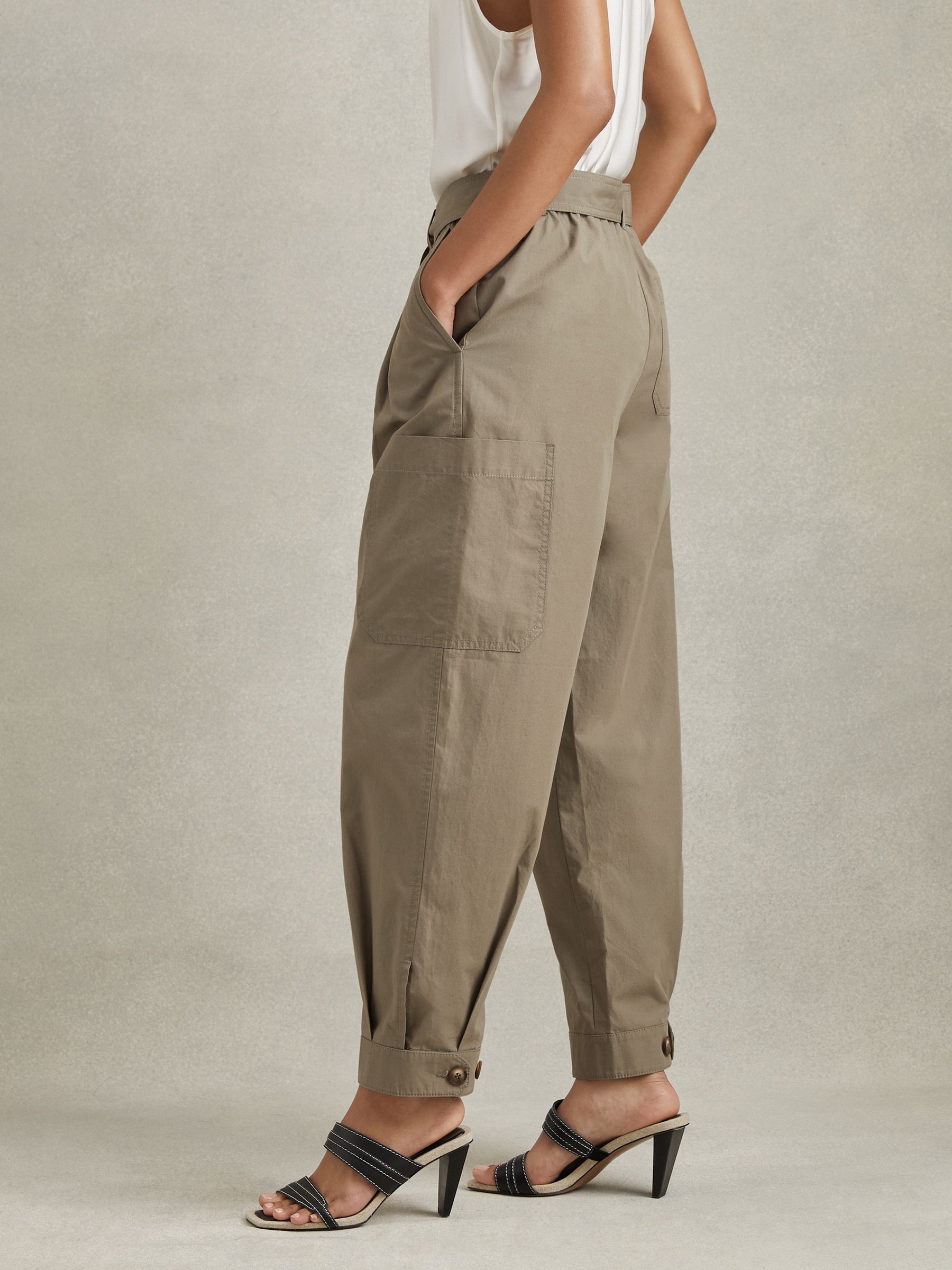 Cotton Tapered Parachute Trousers in Khaki - Image 4 of 6
