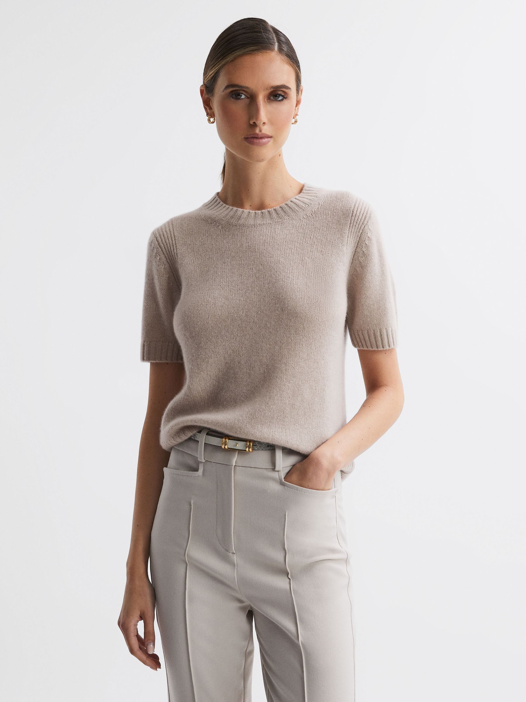 Cashmere Short Sleeve Crew Neck T-Shirt in Neutral - Image 1 of 5