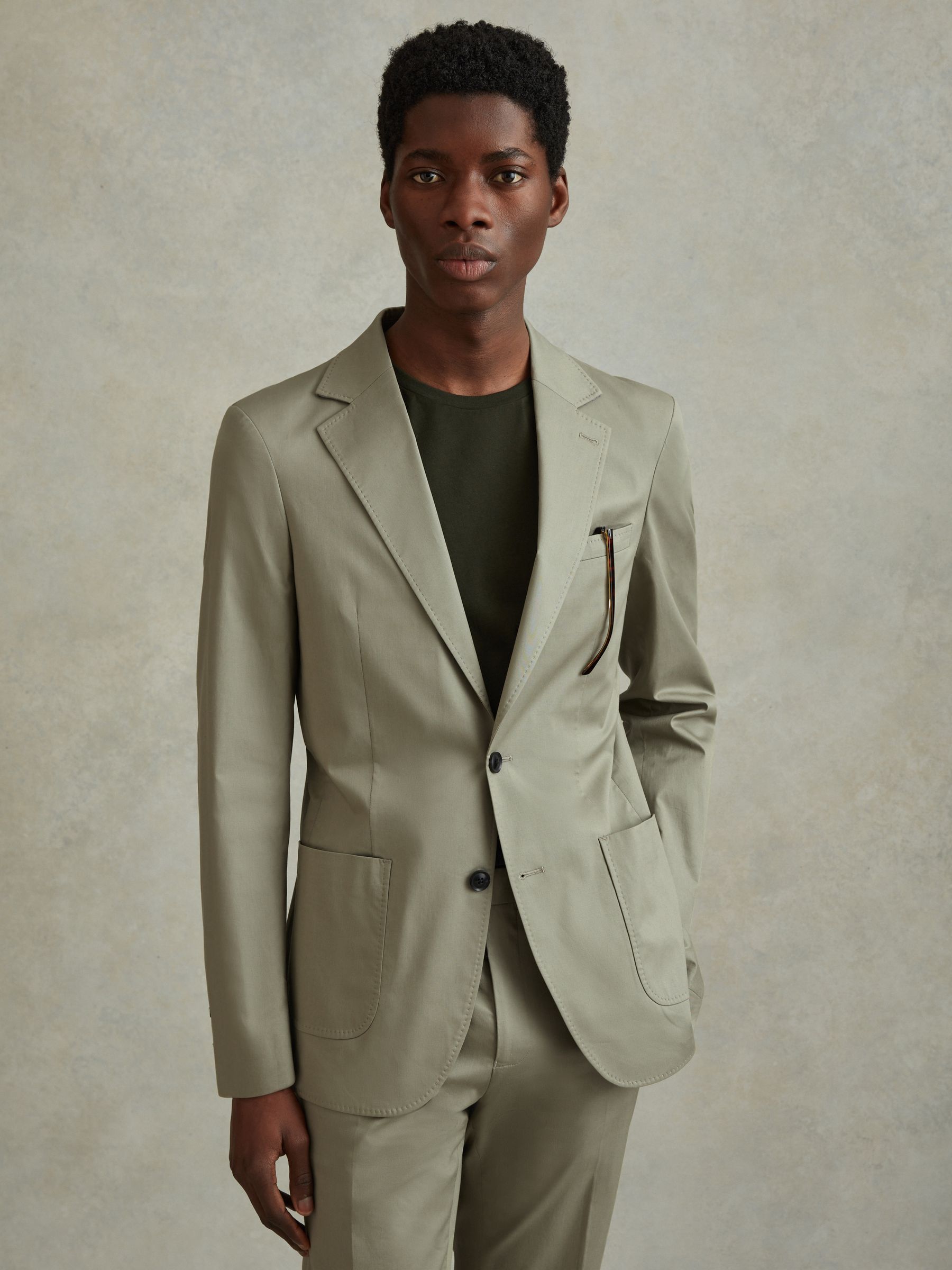 Slim Fit Cotton Blend Single Breasted Blazer in Sage - Image 1 of 7