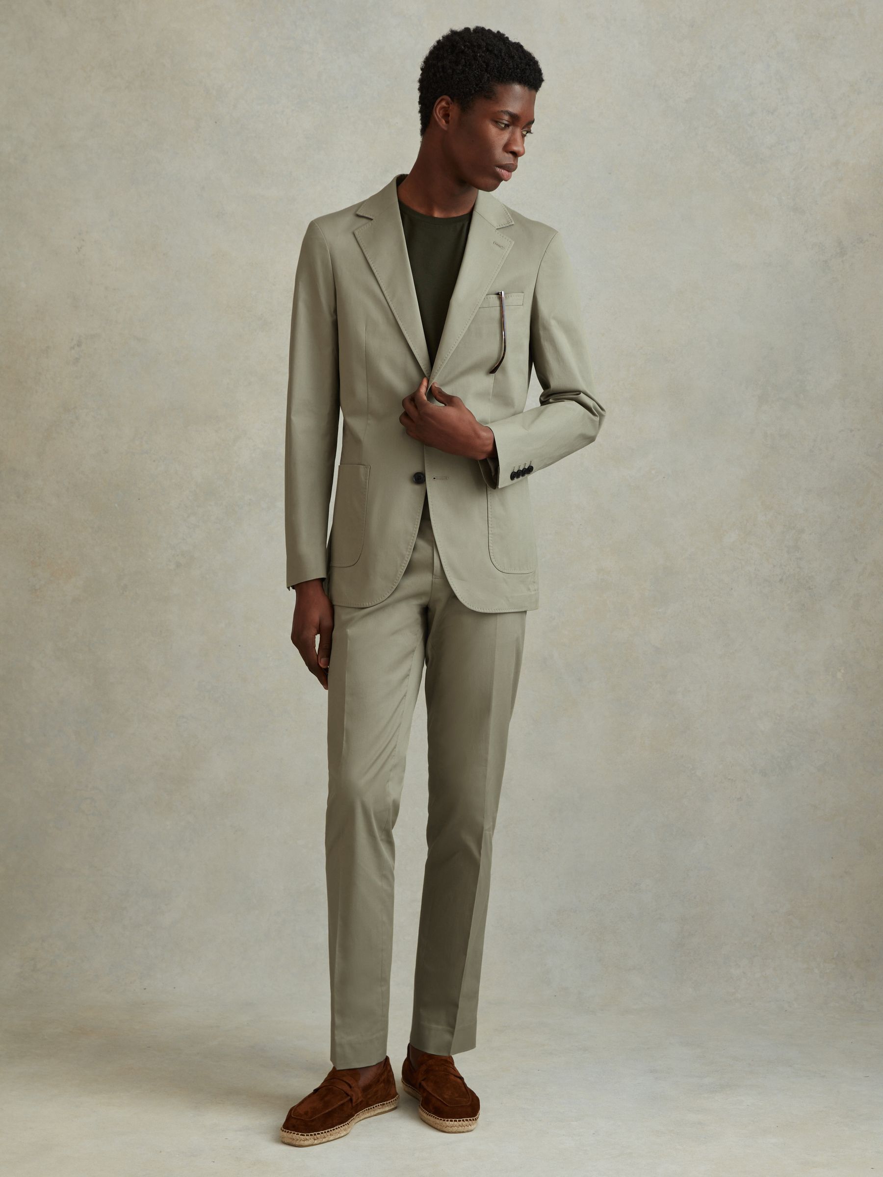 Slim Fit Cotton Blend Single Breasted Blazer in Sage - Image 2 of 7