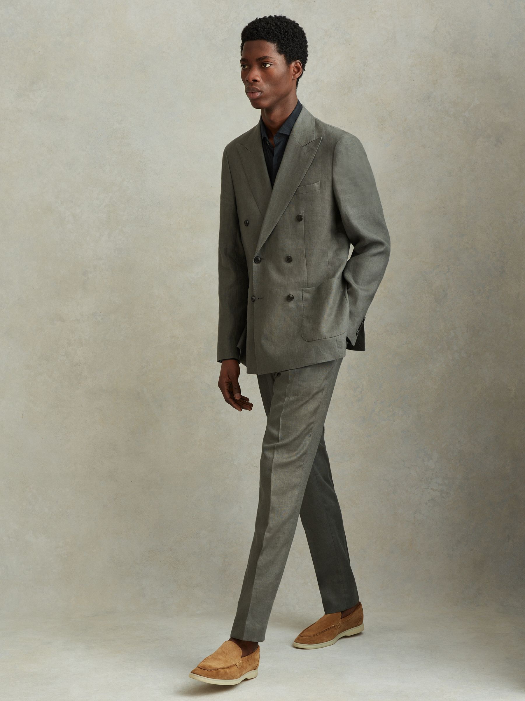 Linen Double Breasted Blazer in Dark Sage - Image 3 of 7