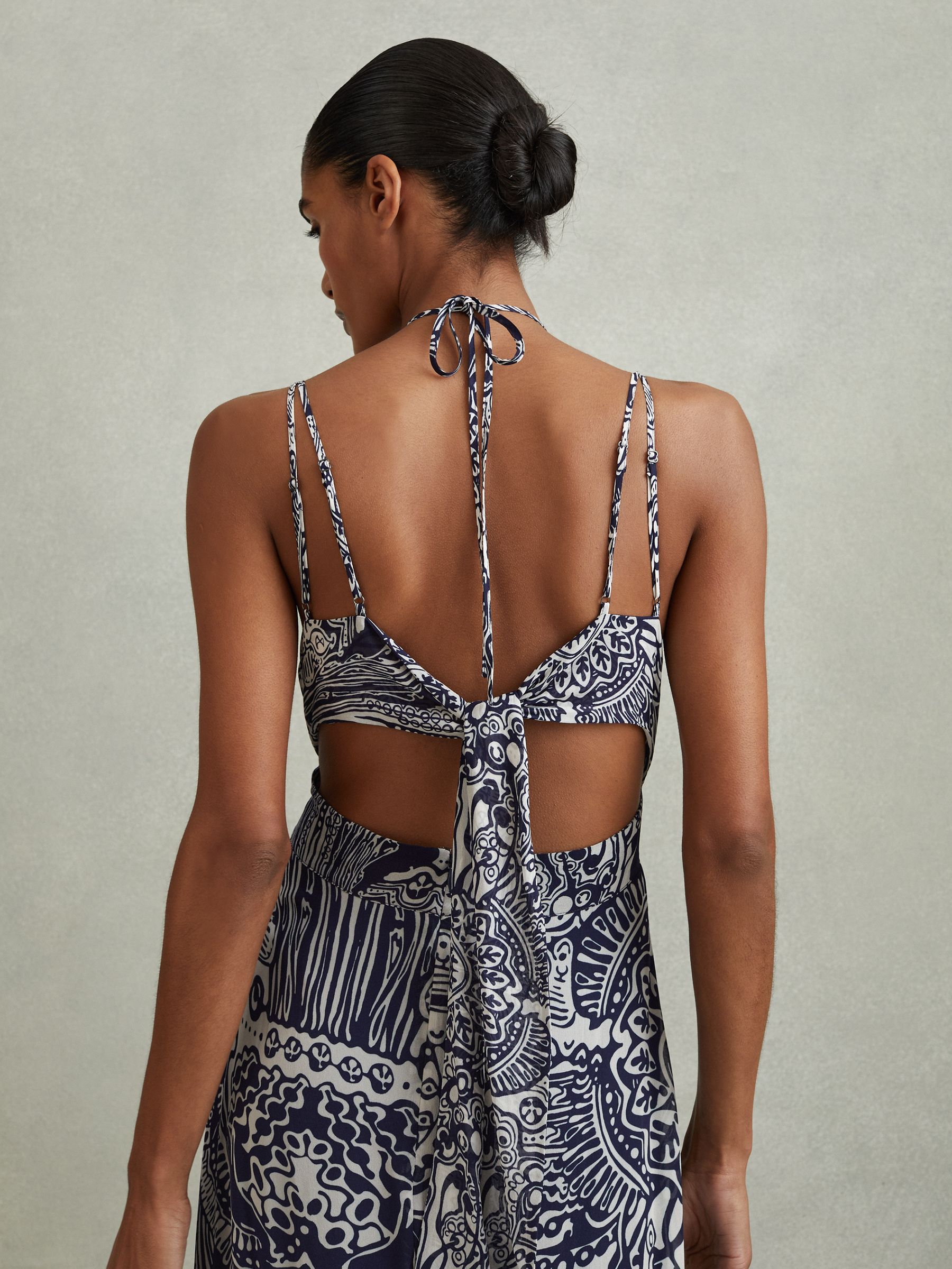 Printed Strappy Resort Midi Dress in Navy - Image 3 of 6