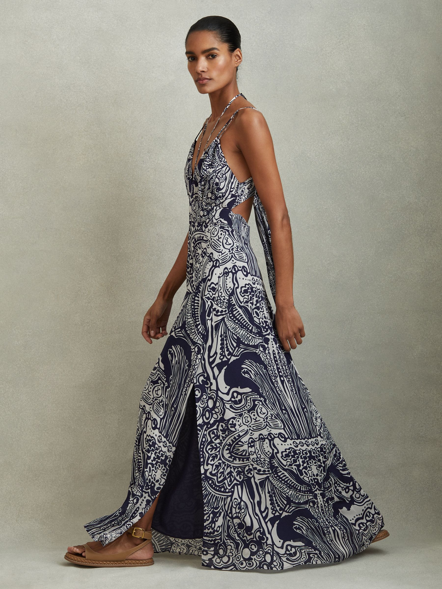 Printed Strappy Resort Midi Dress in Navy - Image 4 of 6