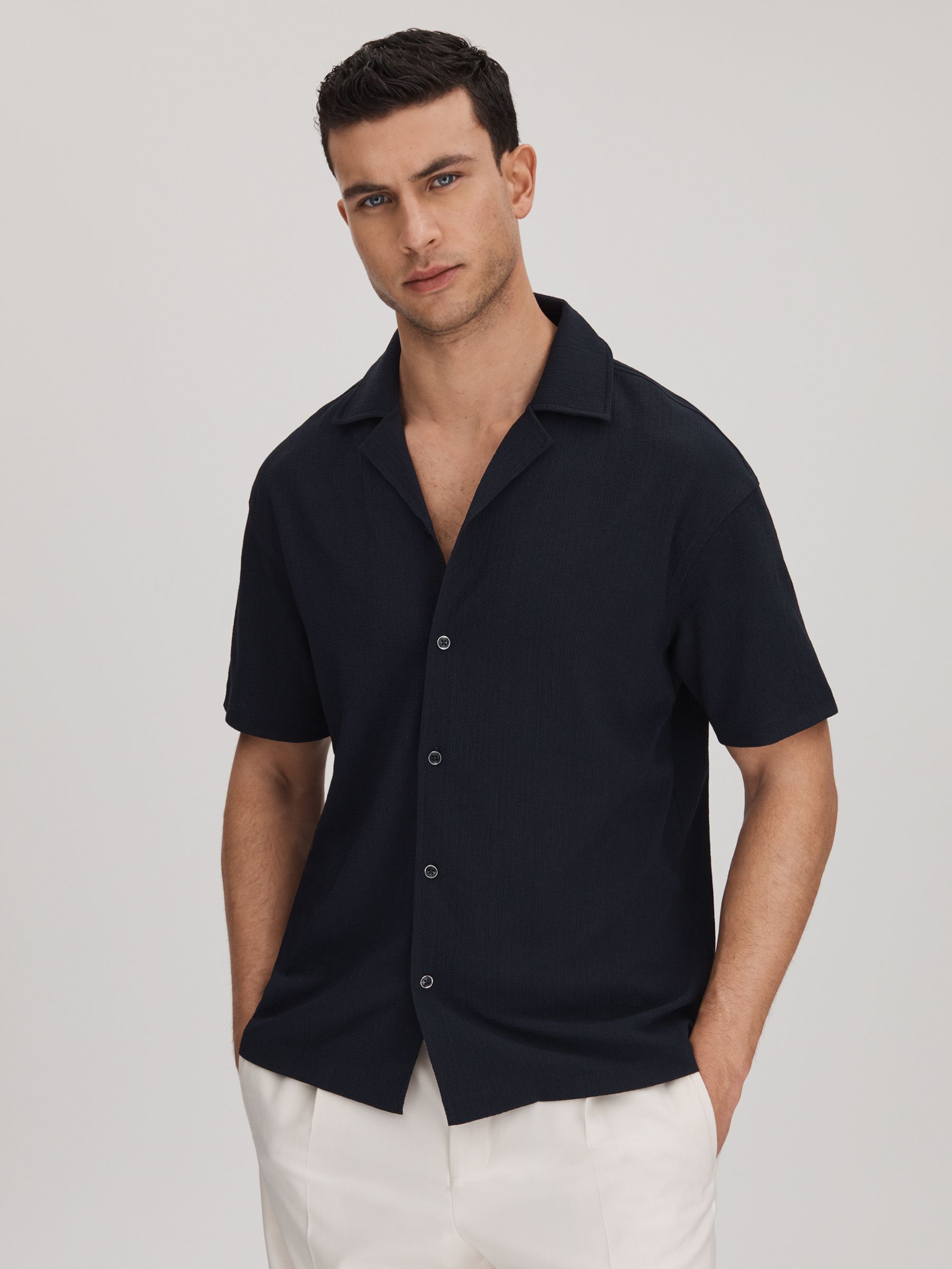 Textured Crepe Cuban Collar Shirt in Navy - Image 1 of 6