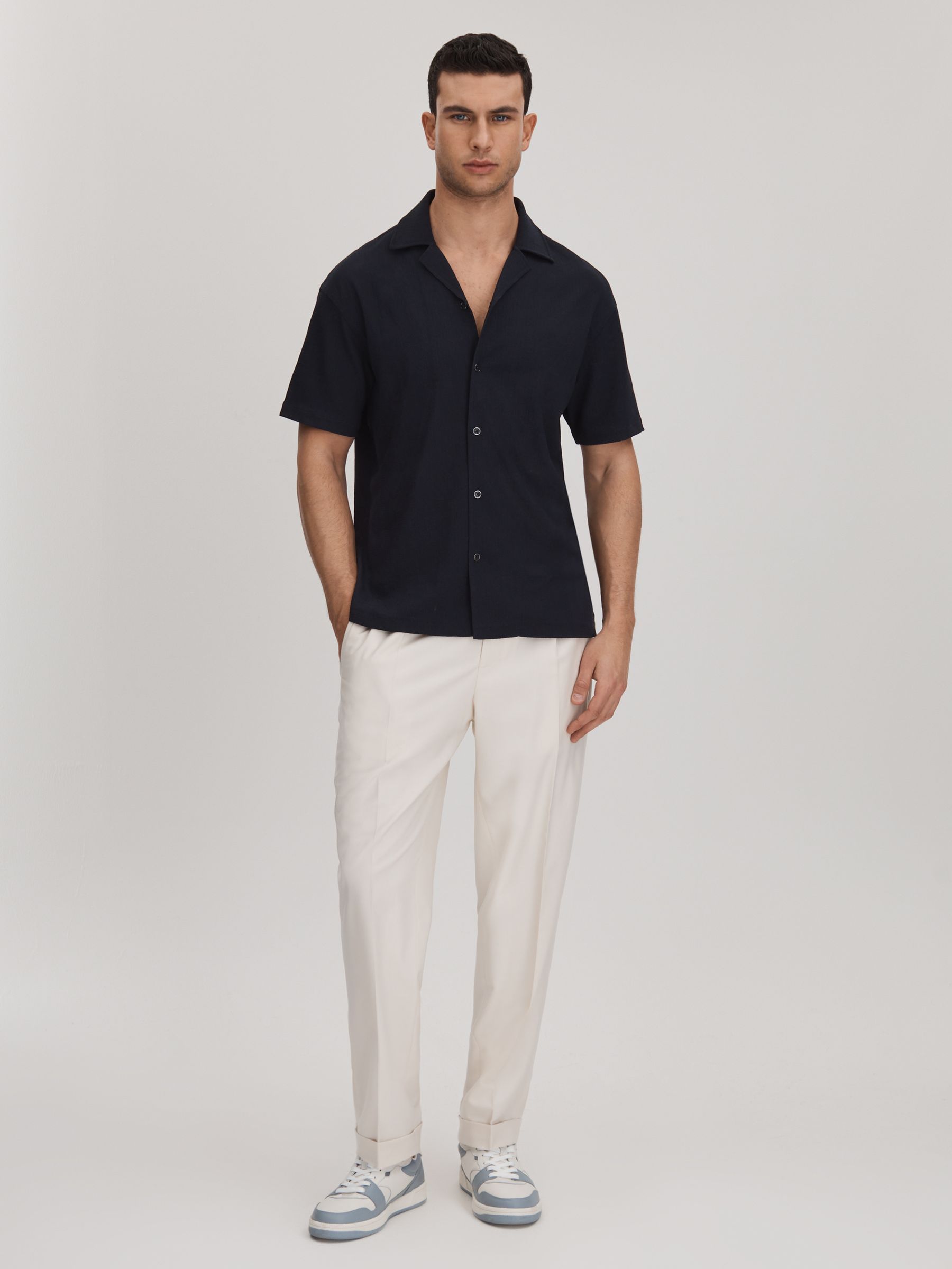 Textured Crepe Cuban Collar Shirt in Navy - Image 3 of 6