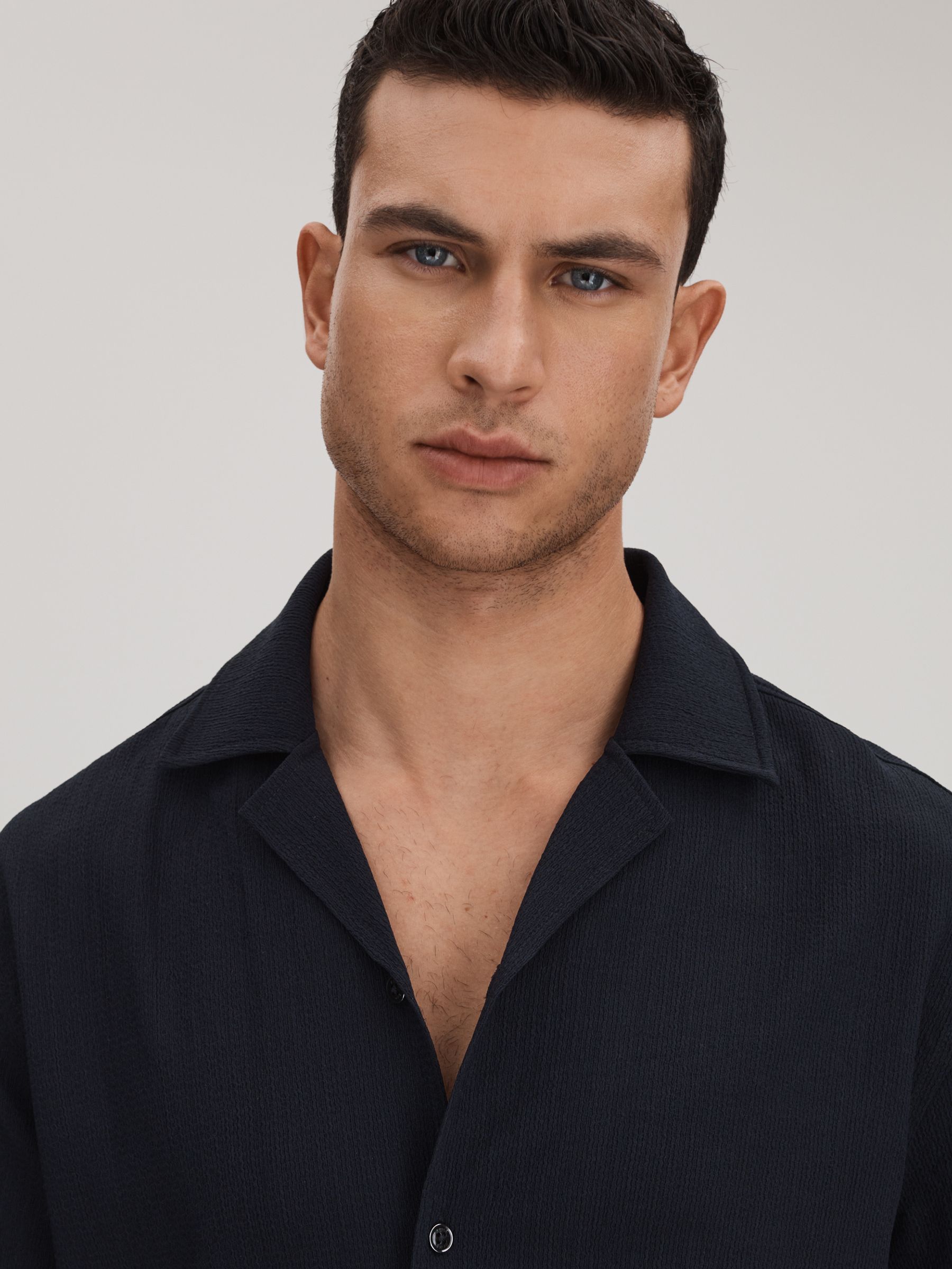 Textured Crepe Cuban Collar Shirt in Navy - Image 4 of 6
