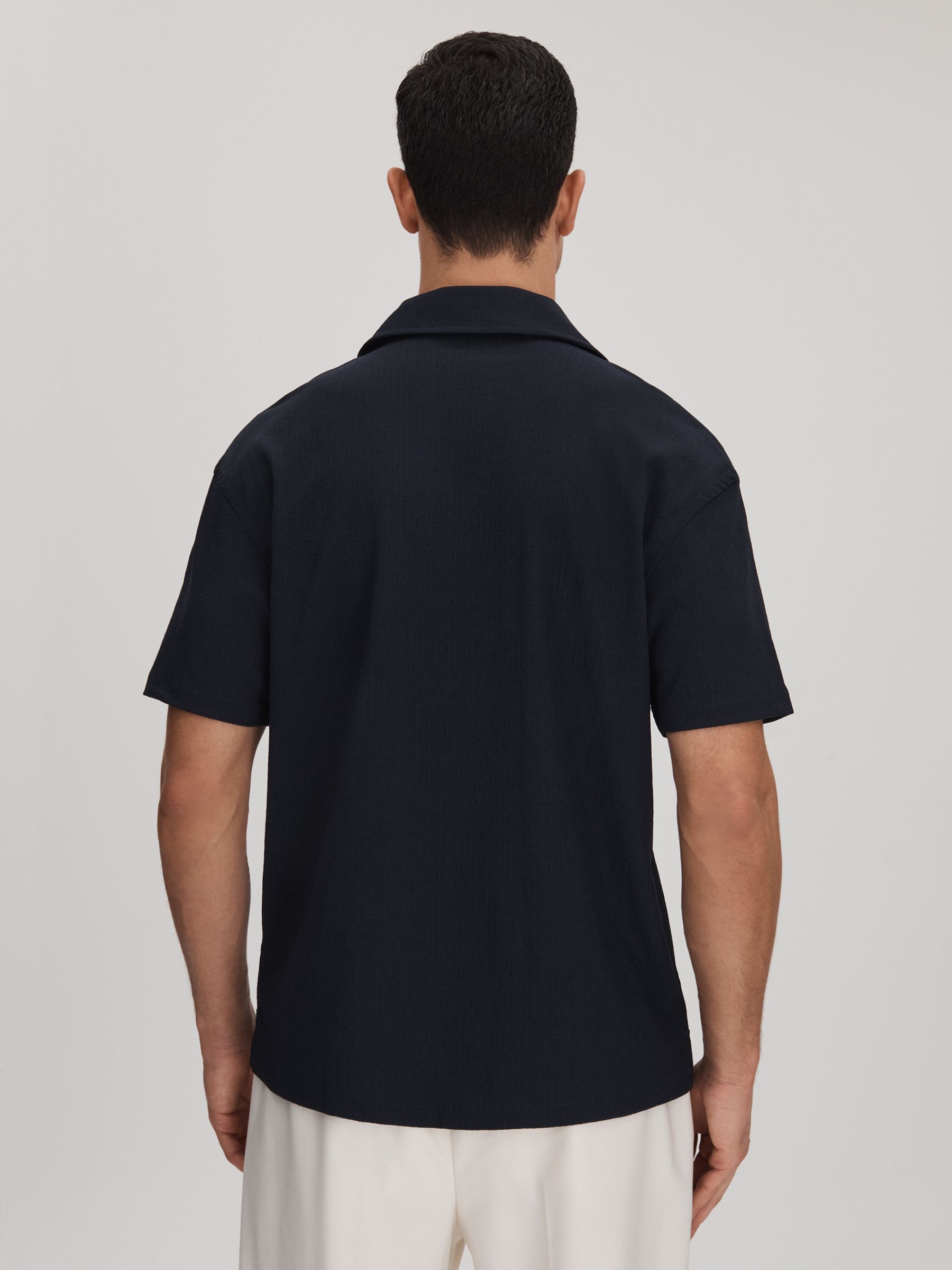 Textured Crepe Cuban Collar Shirt in Navy - Image 5 of 6