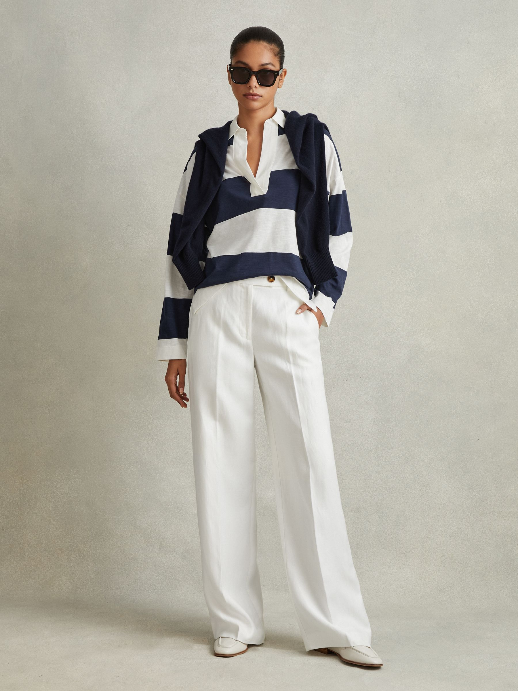 Striped Cotton Open-Collar Jumper in Navy/Ivory - Image 1 of 6