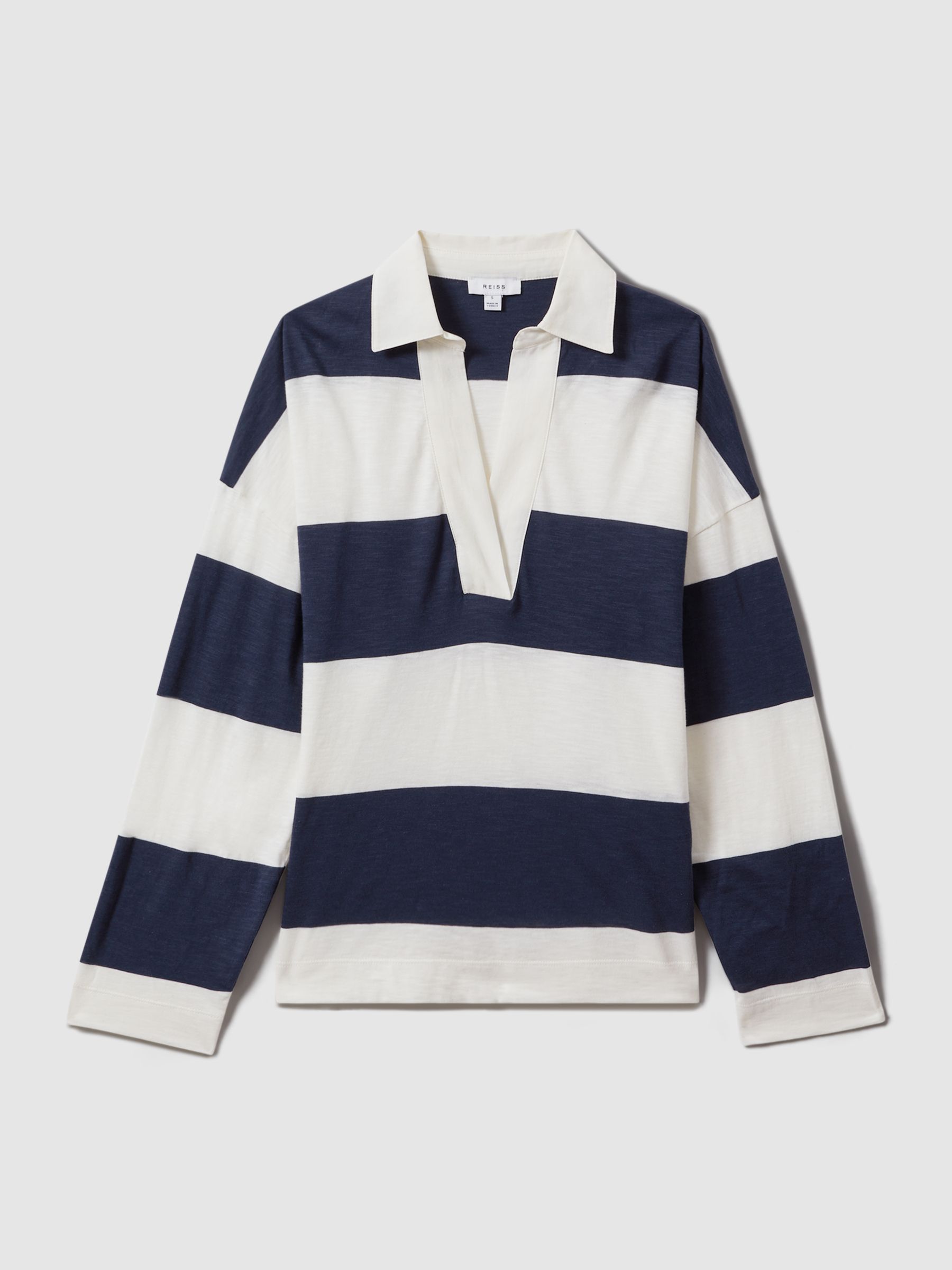Striped Cotton Open-Collar Jumper in Navy/Ivory - Image 2 of 6