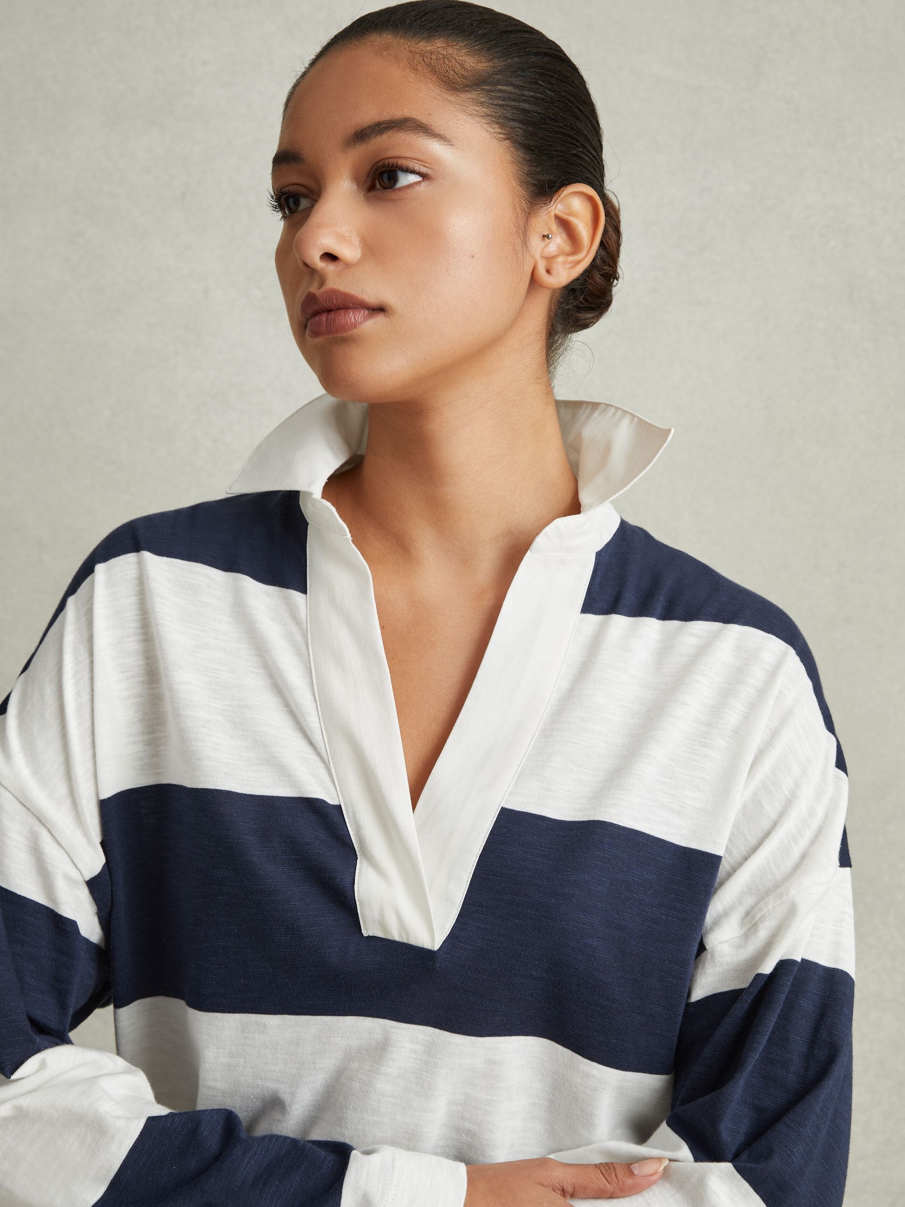 Striped Cotton Open-Collar Jumper in Navy/Ivory - Image 3 of 6