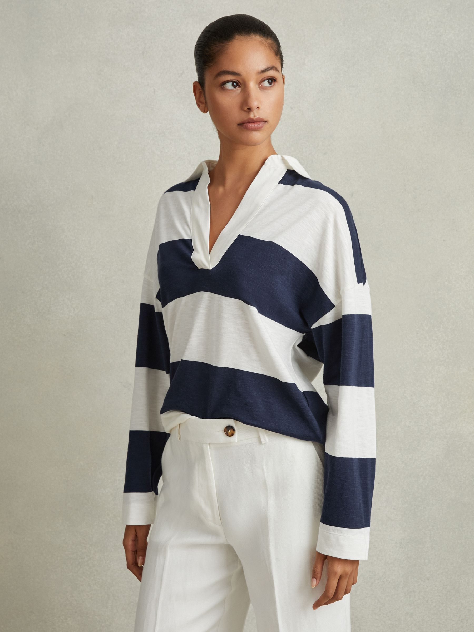 Striped Cotton Open-Collar Jumper in Navy/Ivory - Image 4 of 6