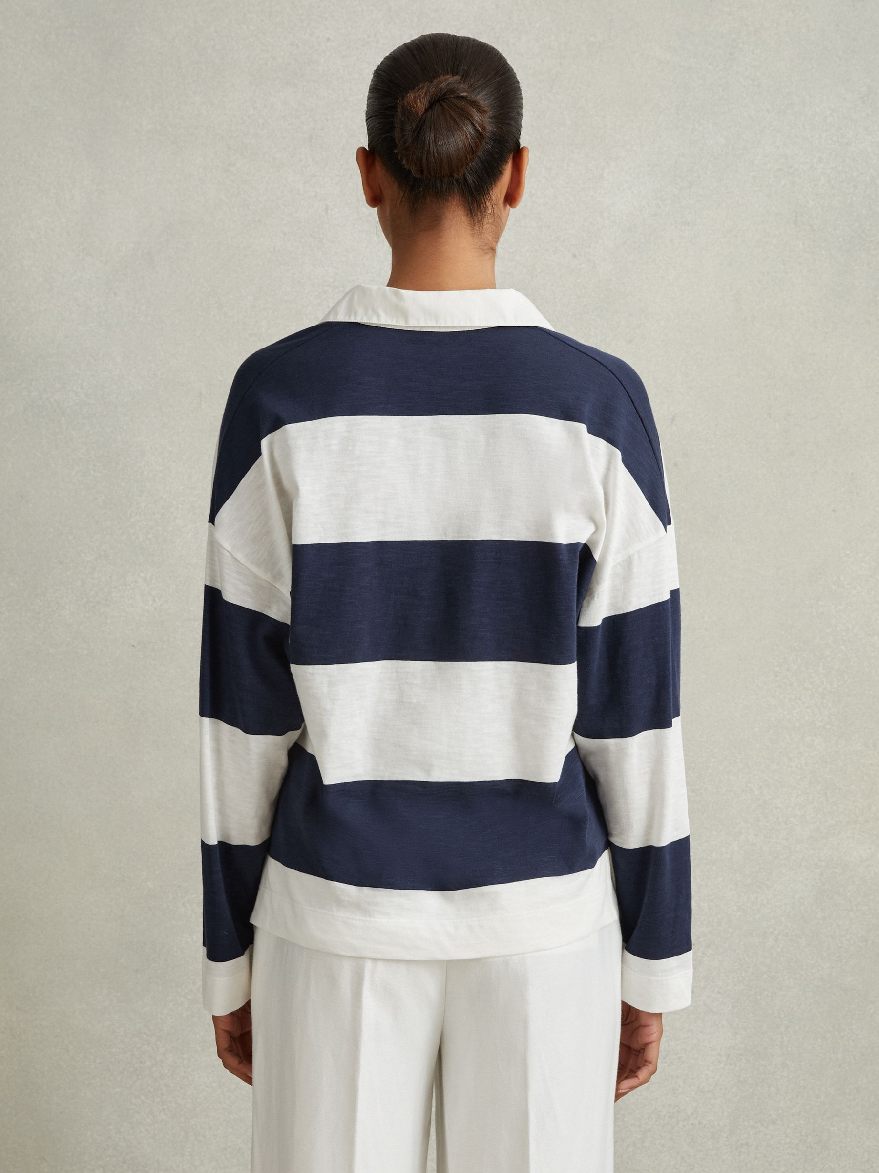 Striped Cotton Open-Collar Jumper in Navy/Ivory - Image 5 of 6