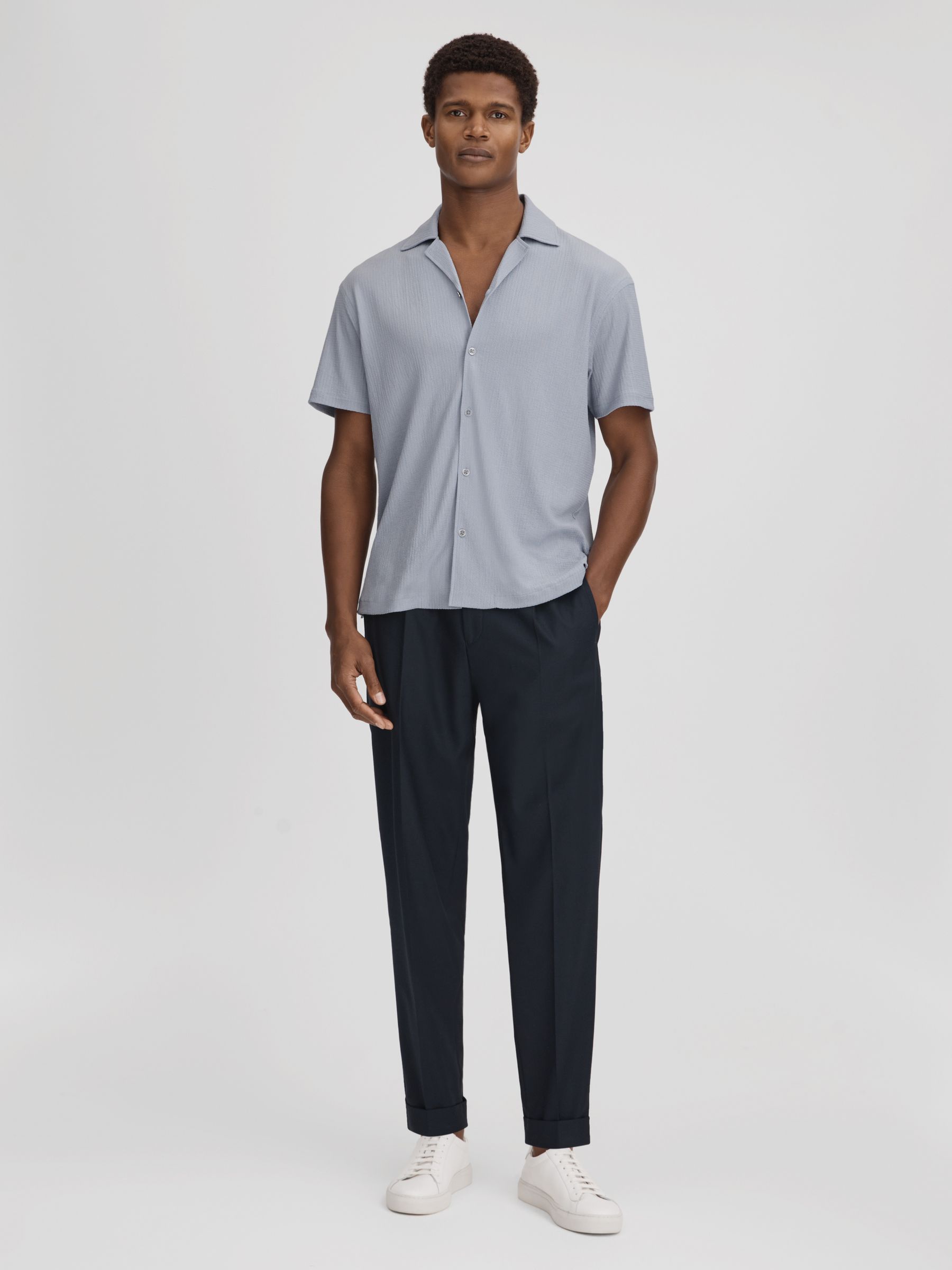 Textured Crepe Cuban Collar Shirt in Porcelain Blue - Image 1 of 6