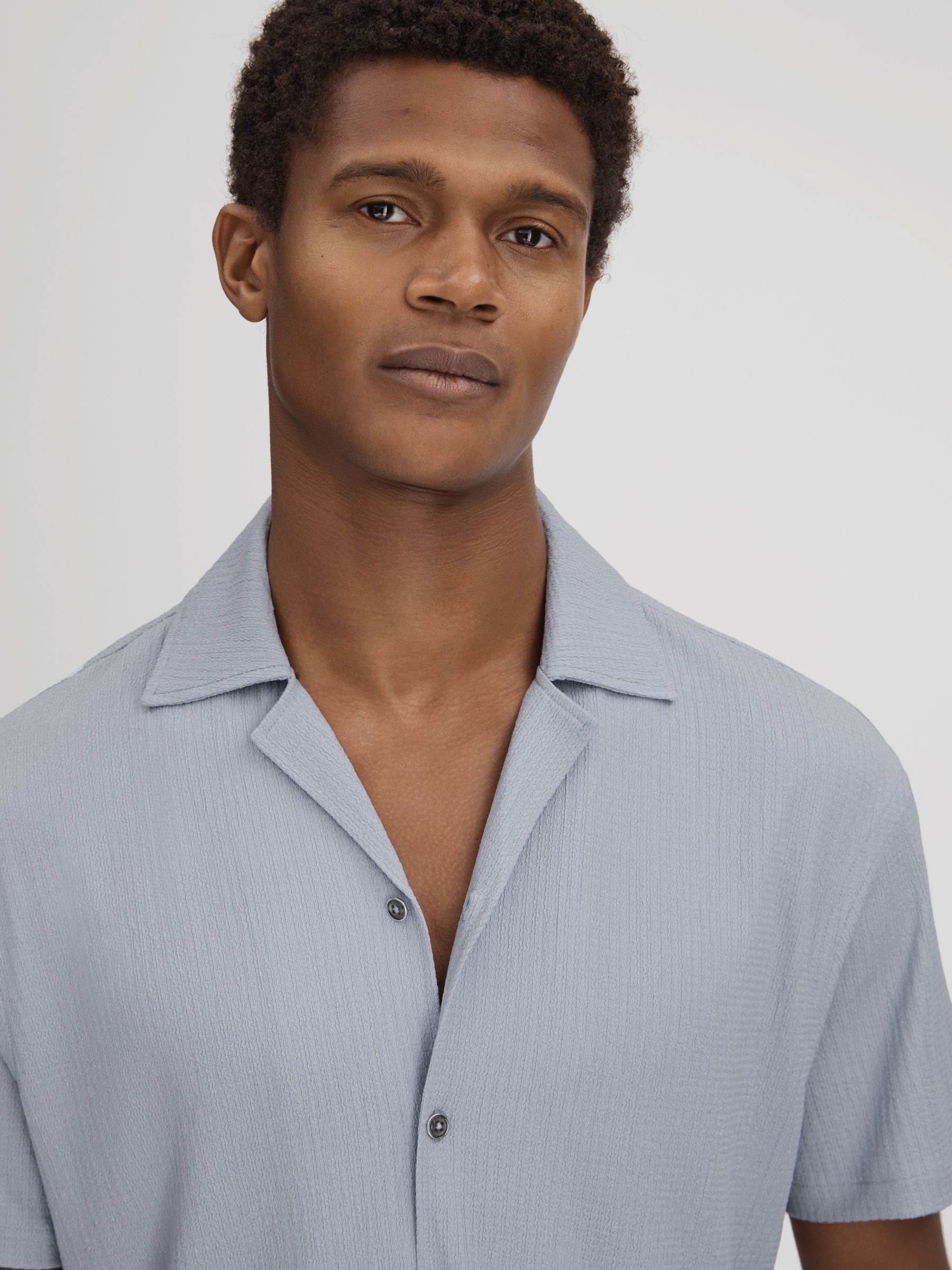 Textured Crepe Cuban Collar Shirt in Porcelain Blue - Image 4 of 6