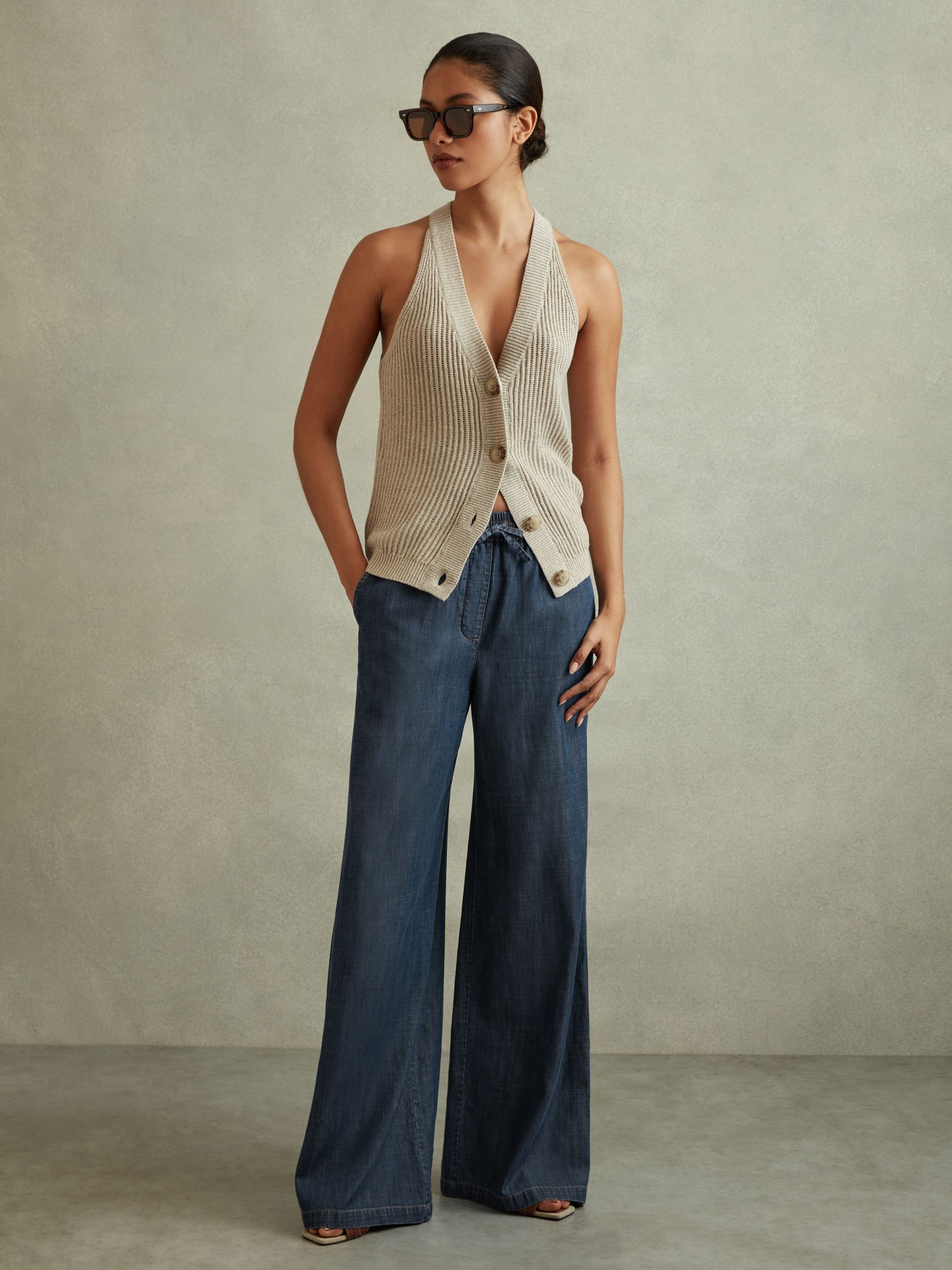 Denim Look Wide Leg Trousers in Mid Blue - Image 1 of 6