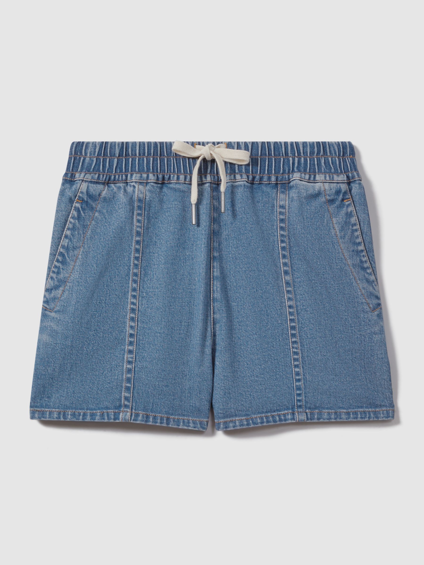 Lyocell Blend Denim Drawstring Shorts in Mid Blue - Image 2 of 5