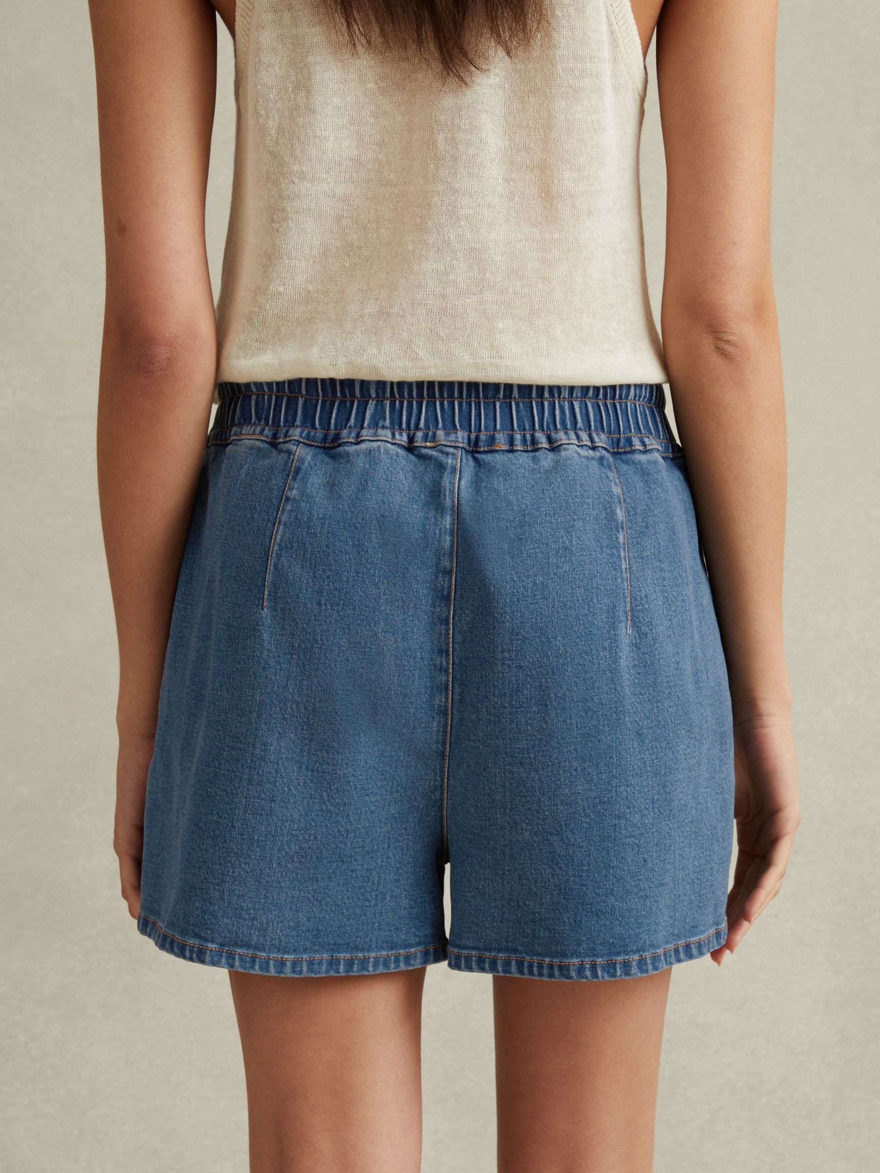 Lyocell Blend Denim Drawstring Shorts in Mid Blue - Image 3 of 5