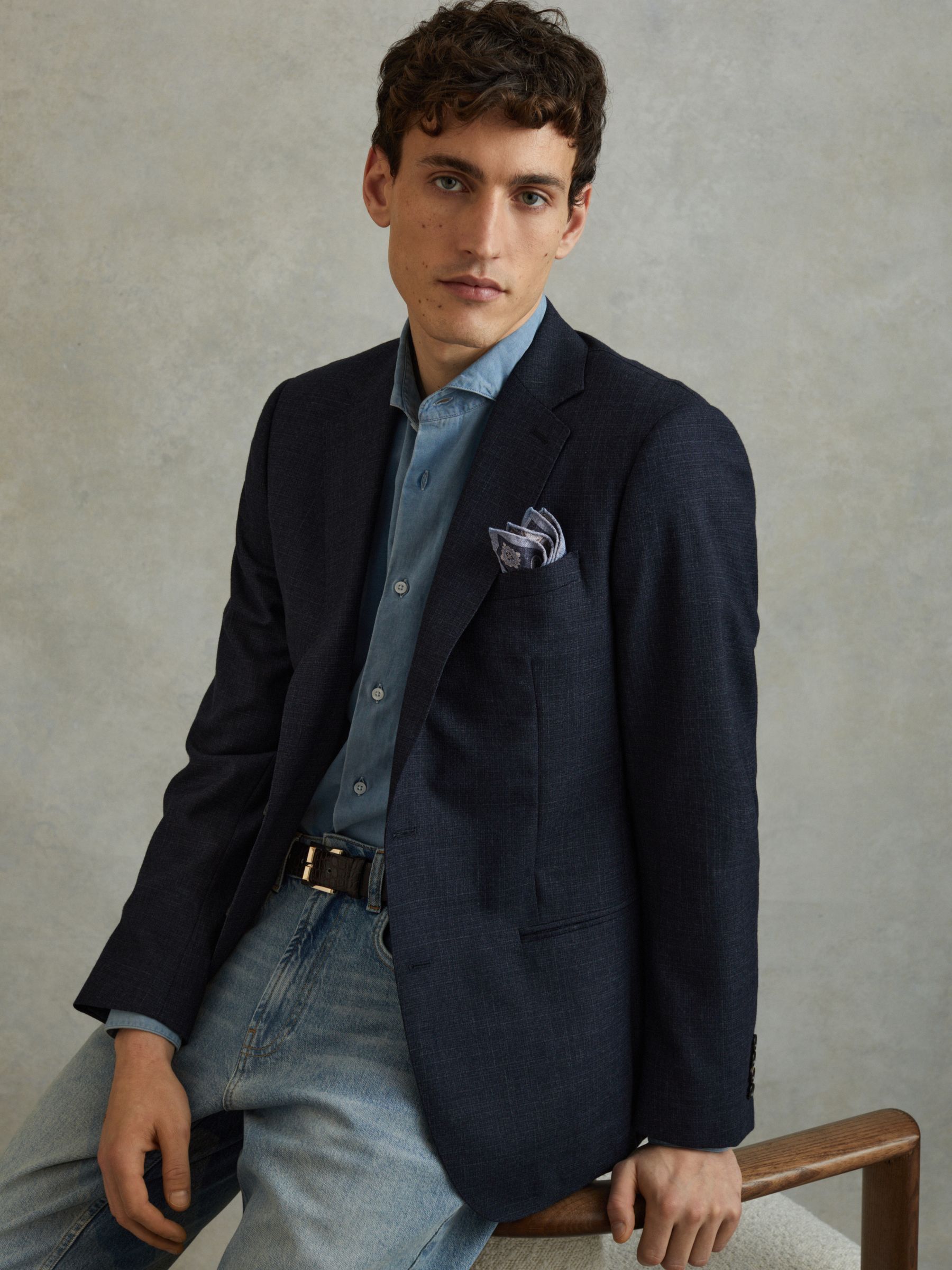 Silk Reversible Pocket Square in Indigo Melange - Image 2 of 5 Silk Reversible Pocket Square in Indigo Melange - Image 2 of 5