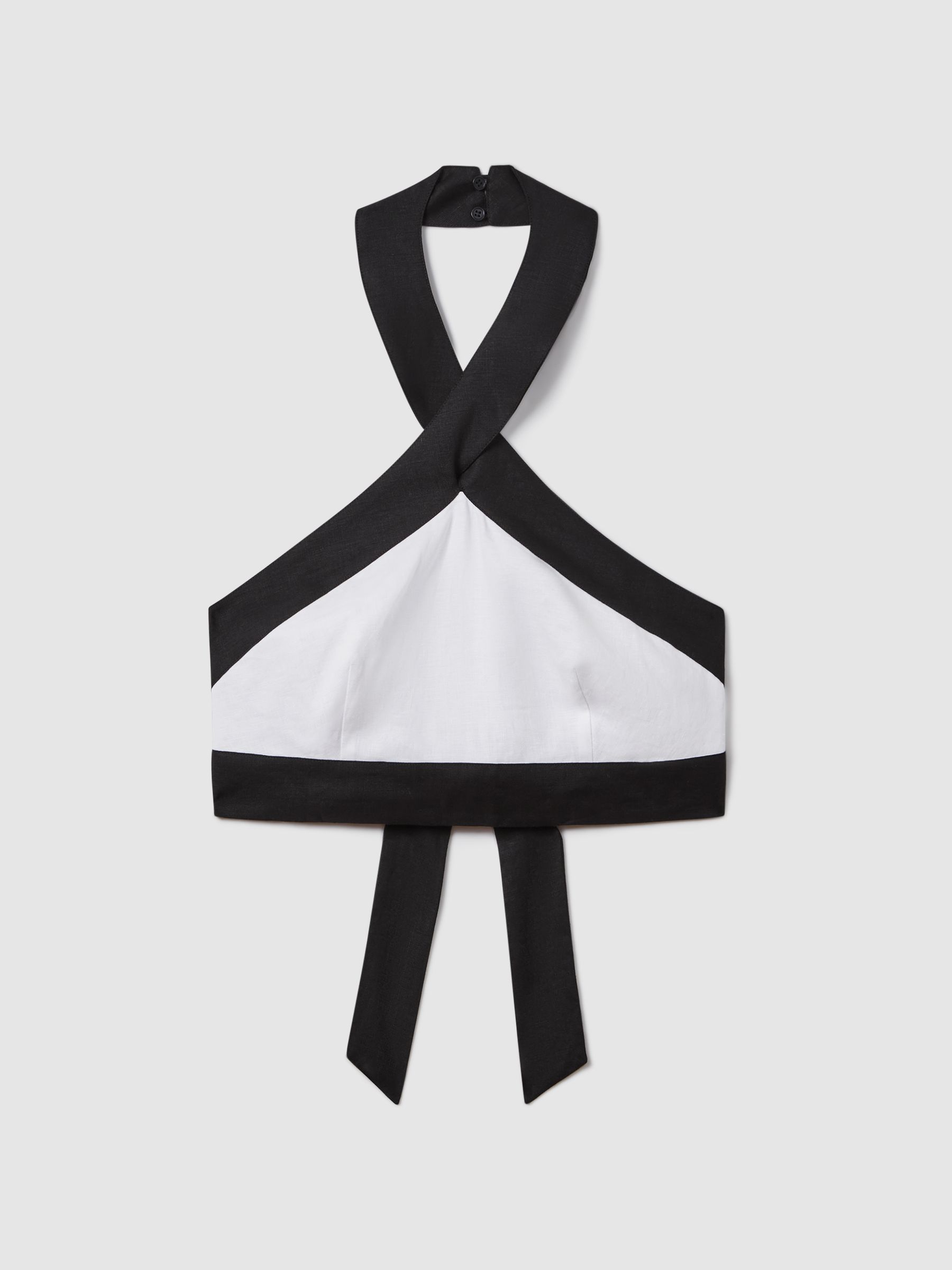Linen Halterneck Cropped Top in White/Navy - Image 2 of 6