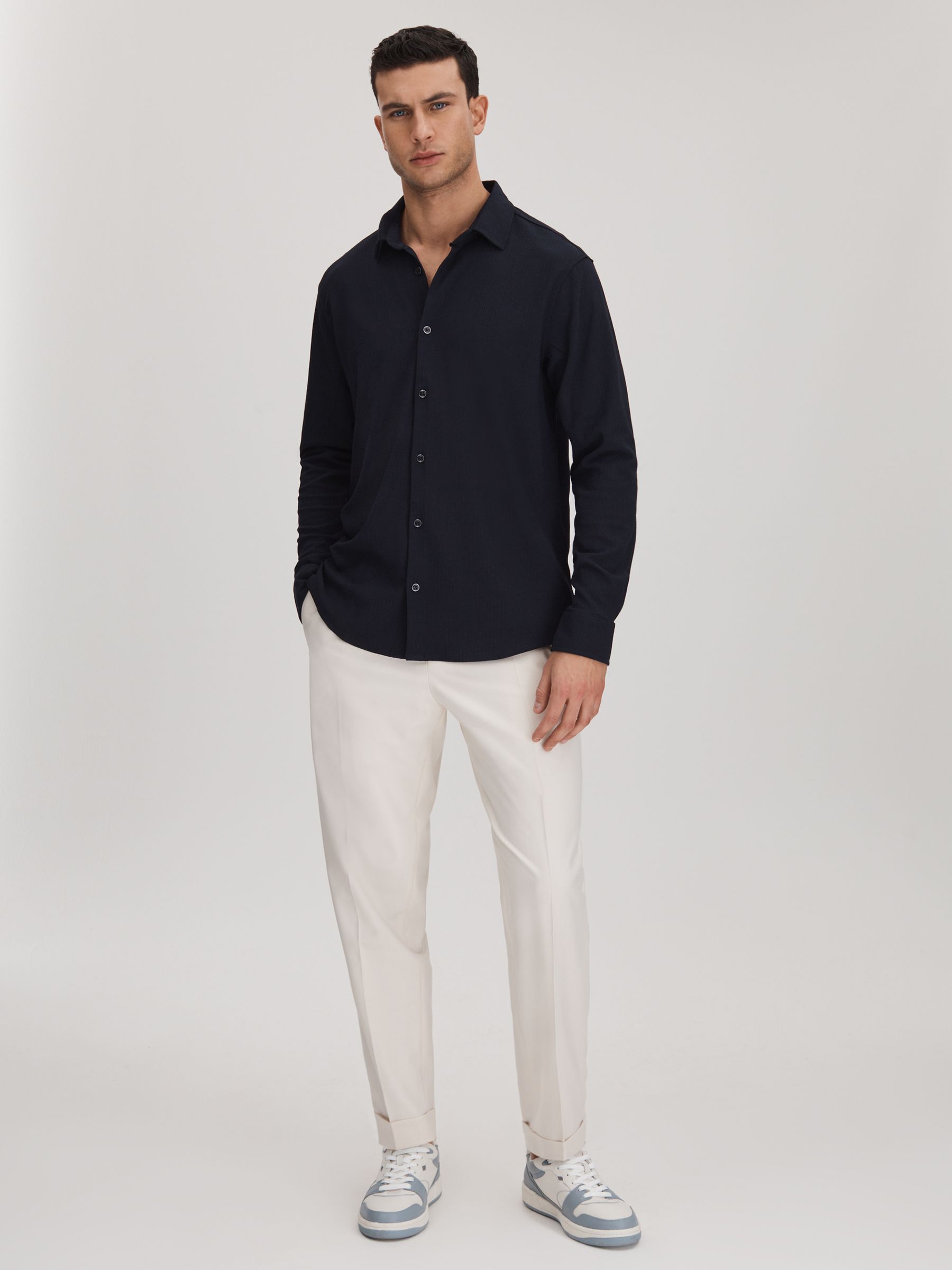 Textured Button-Through Shirt in Navy - Image 3 of 6