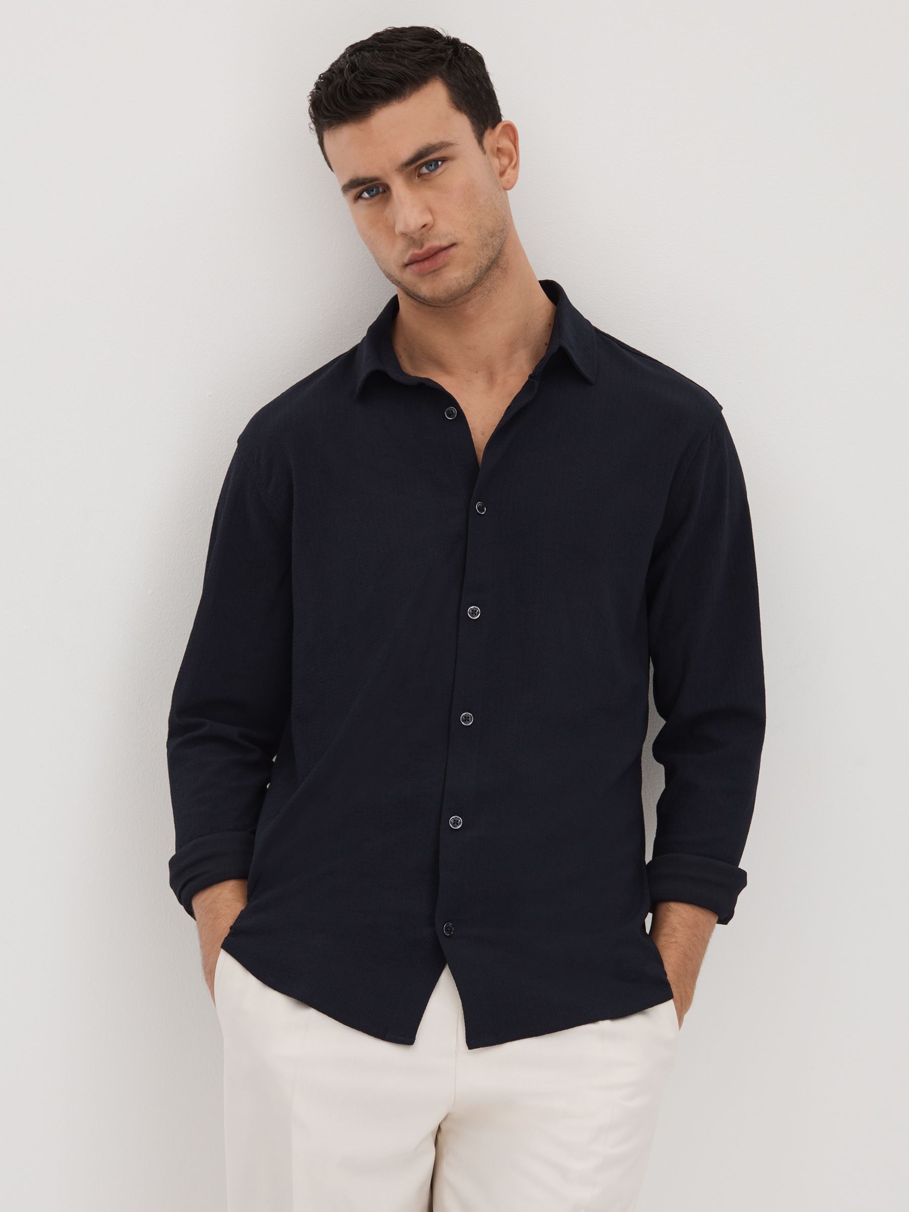 Textured Button-Through Shirt in Navy - Image 4 of 6