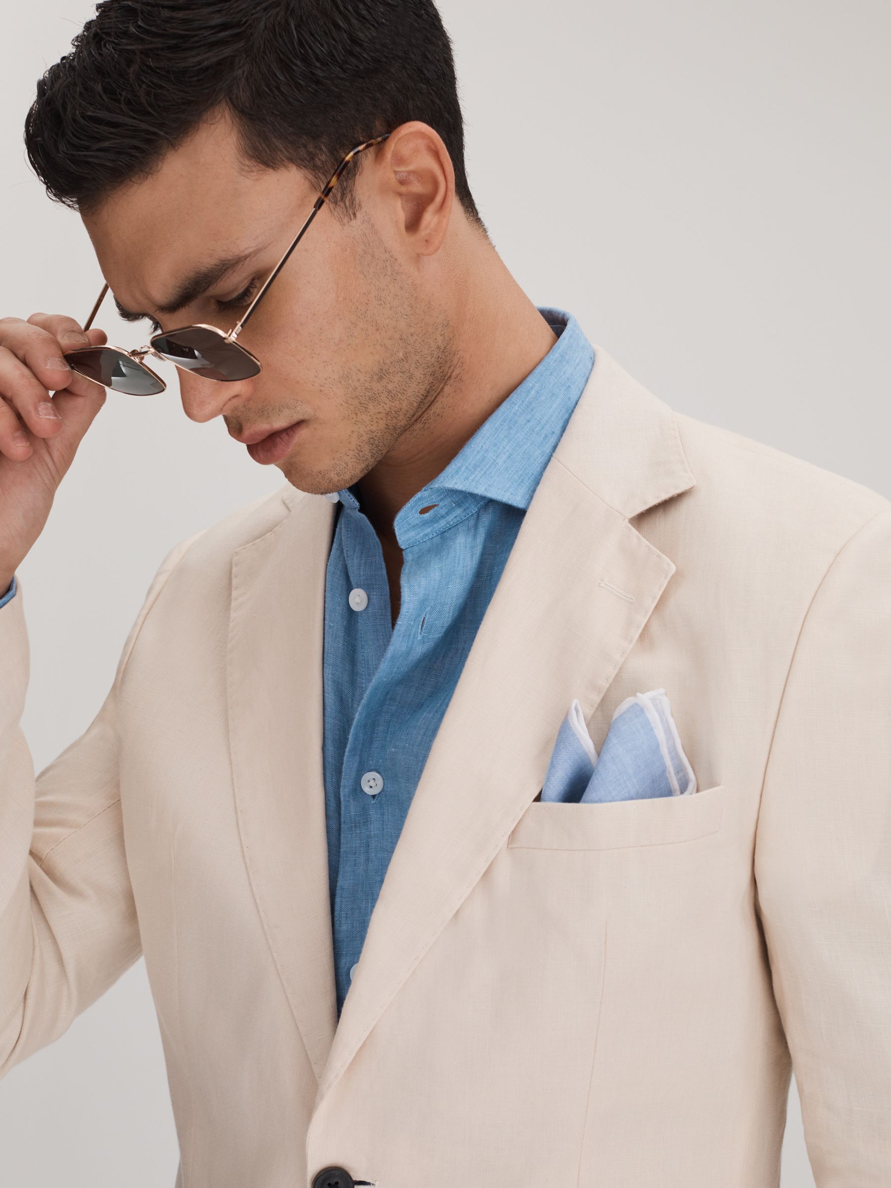 Linen Contrast Trim Pocket Square in Sky Blue Melange - Image 2 of 5