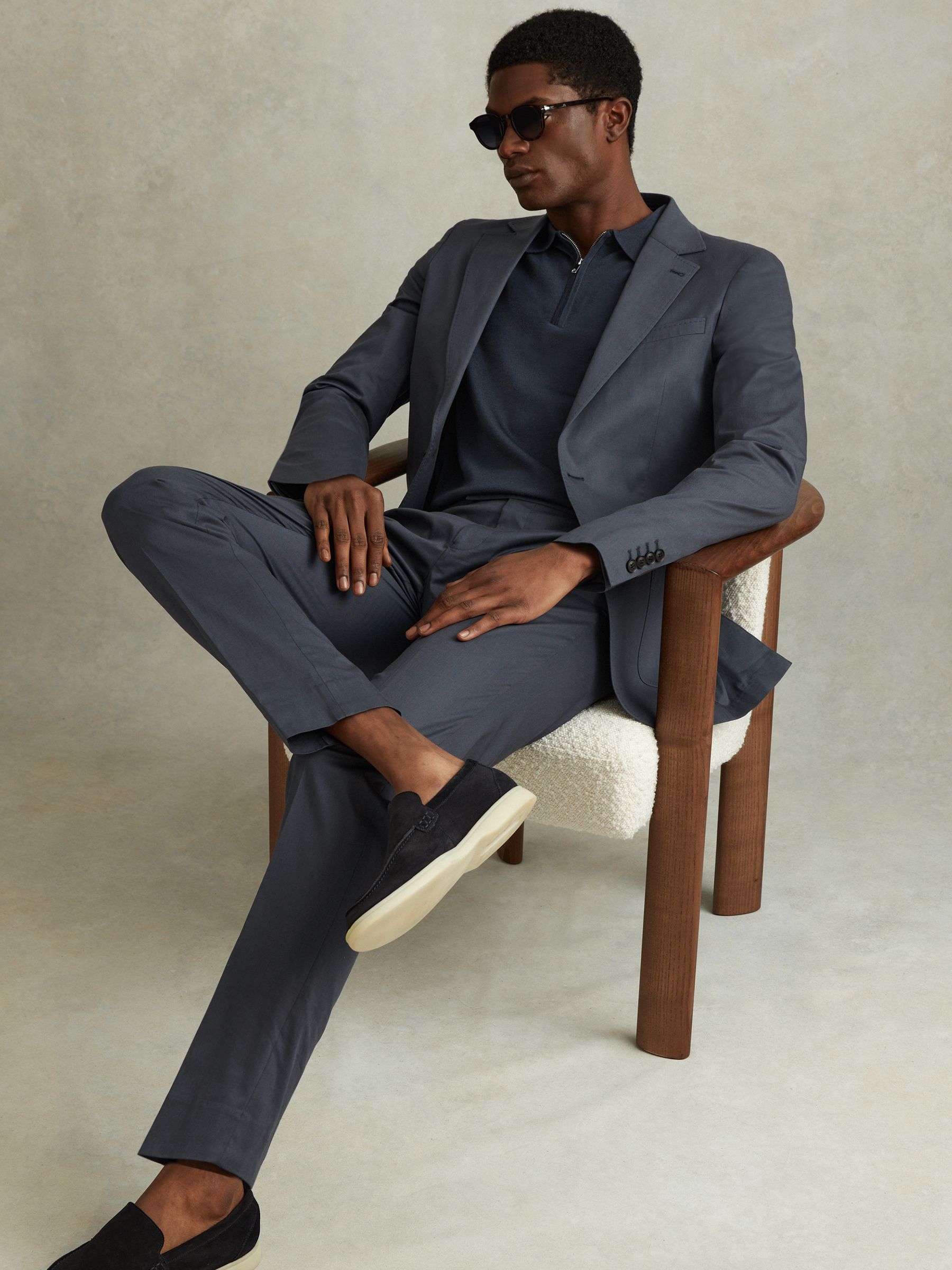 Slim Fit Cotton Blend Adjuster Trousers in Airforce Blue - Image 1 of 6