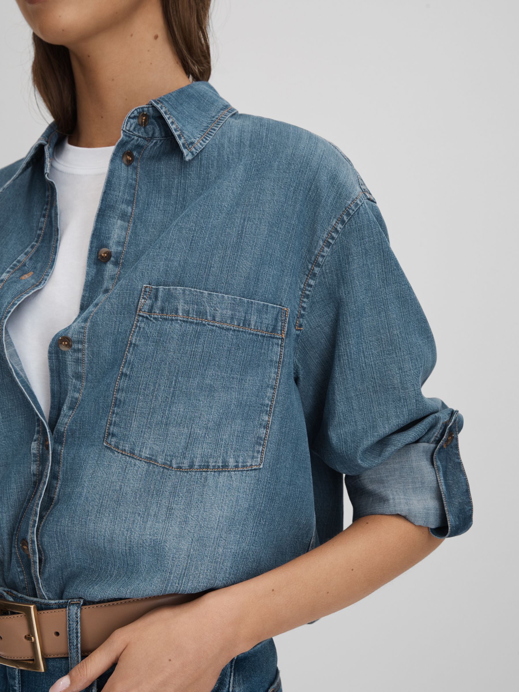 Denim Button-Through Shirt in Blue - Image 4 of 6