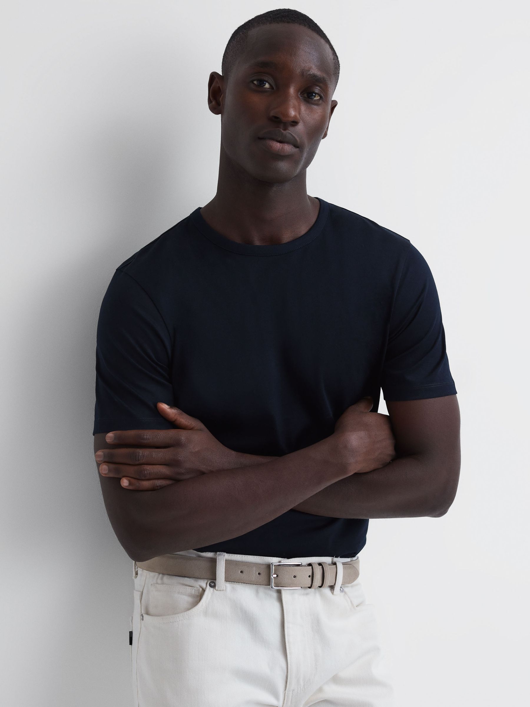 Mercerised Crew Neck T-shirt in Navy - Image 1 of 6