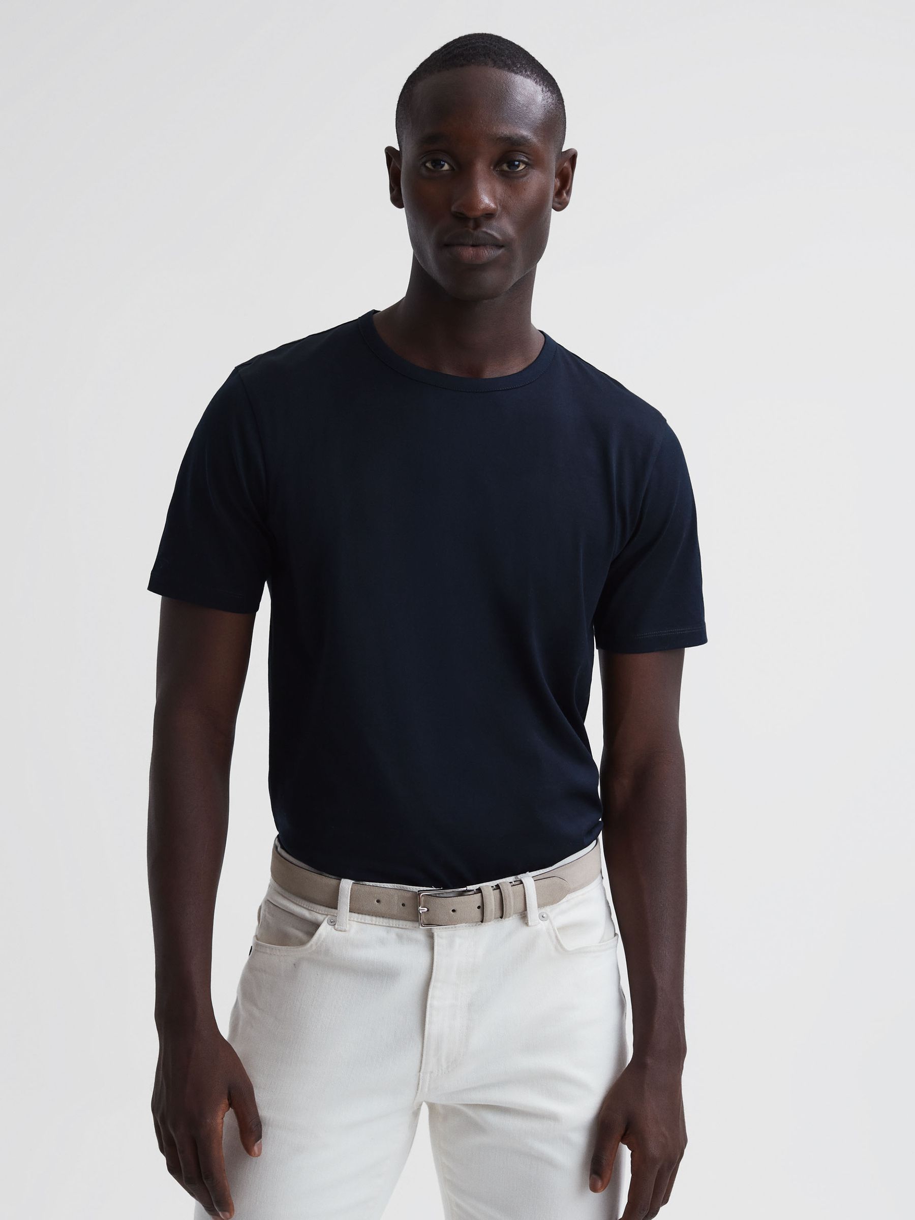 Mercerised Crew Neck T-shirt in Navy - Image 6 of 6