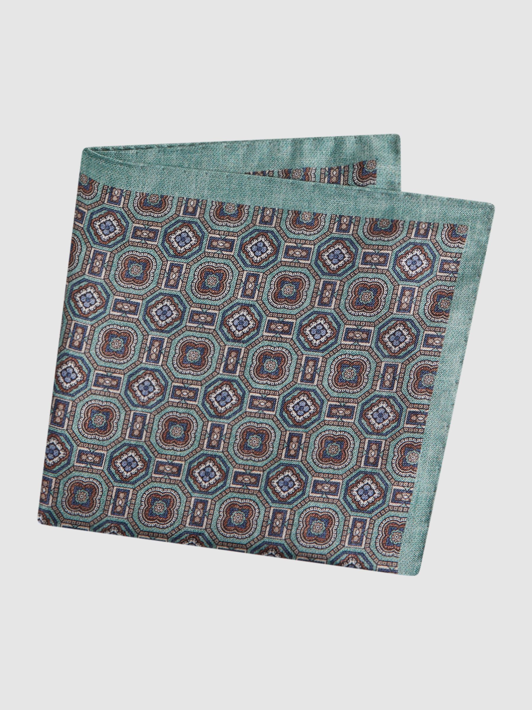 Silk Medallion Print Pocket Square in Sage - Image 3 of 4