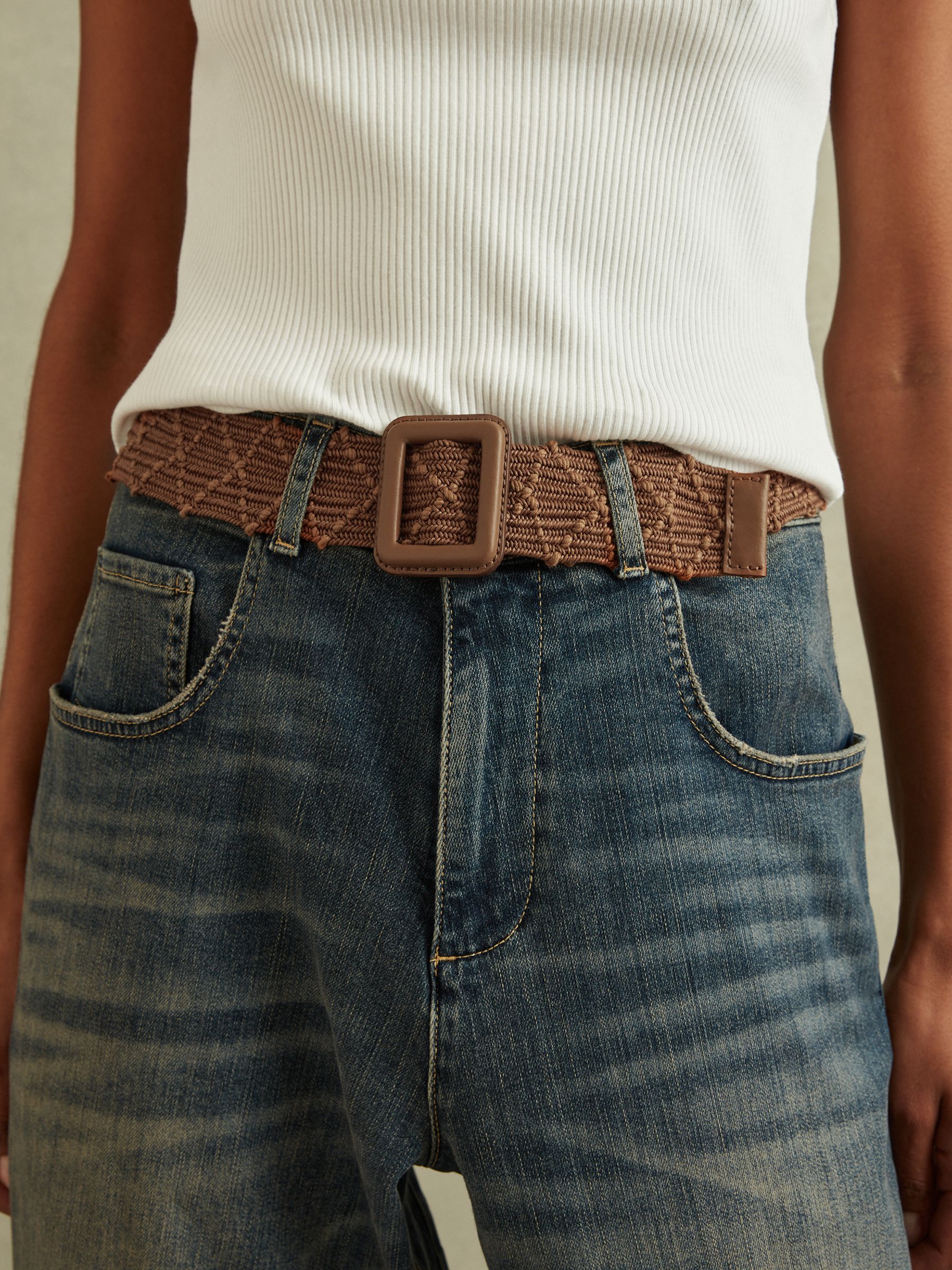 Elasticated Woven Belt in Tan - Image 2 of 4