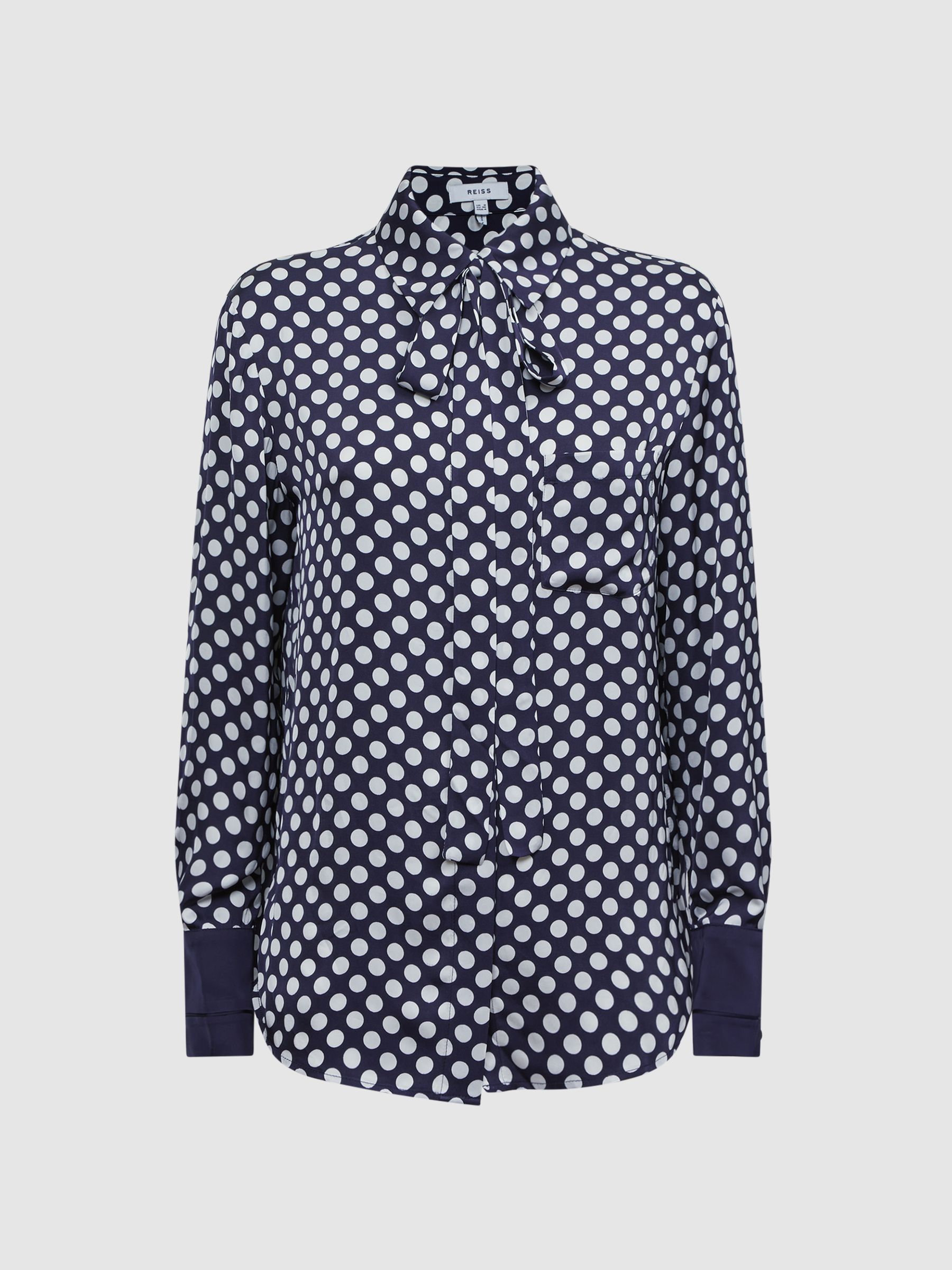 Polka Dot Long Sleeve Neck Tie Blouse in Navy/White - Image 2 of 5 Polka Dot Long Sleeve Neck Tie Blouse in Navy/White - Image 2 of 5