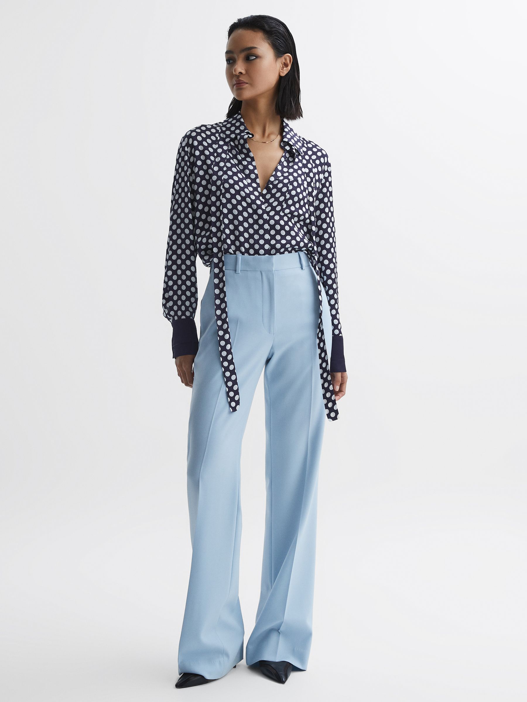 Polka Dot Long Sleeve Neck Tie Blouse in Navy/White - Image 4 of 5