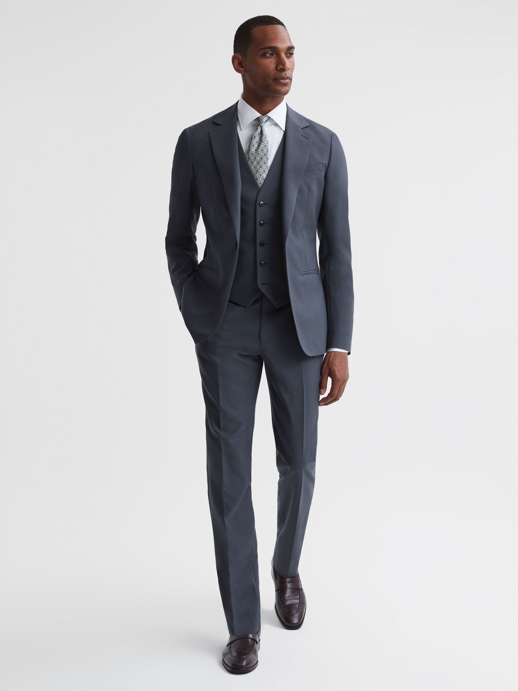 Five Button Wool Slim Fit Waistcoat in Airforce Blue - Image 1 of 4