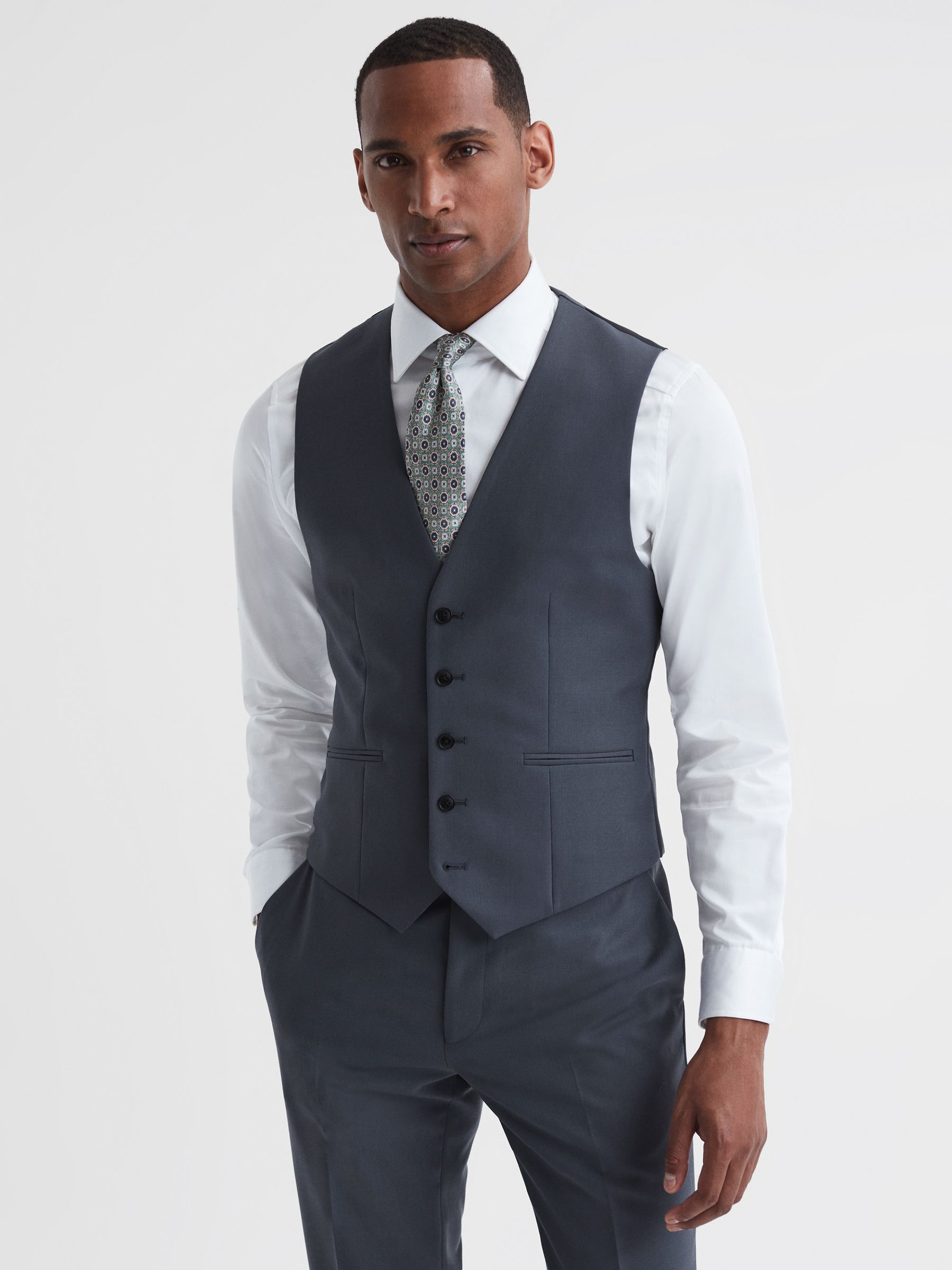 Five Button Wool Slim Fit Waistcoat in Airforce Blue - Image 3 of 4
