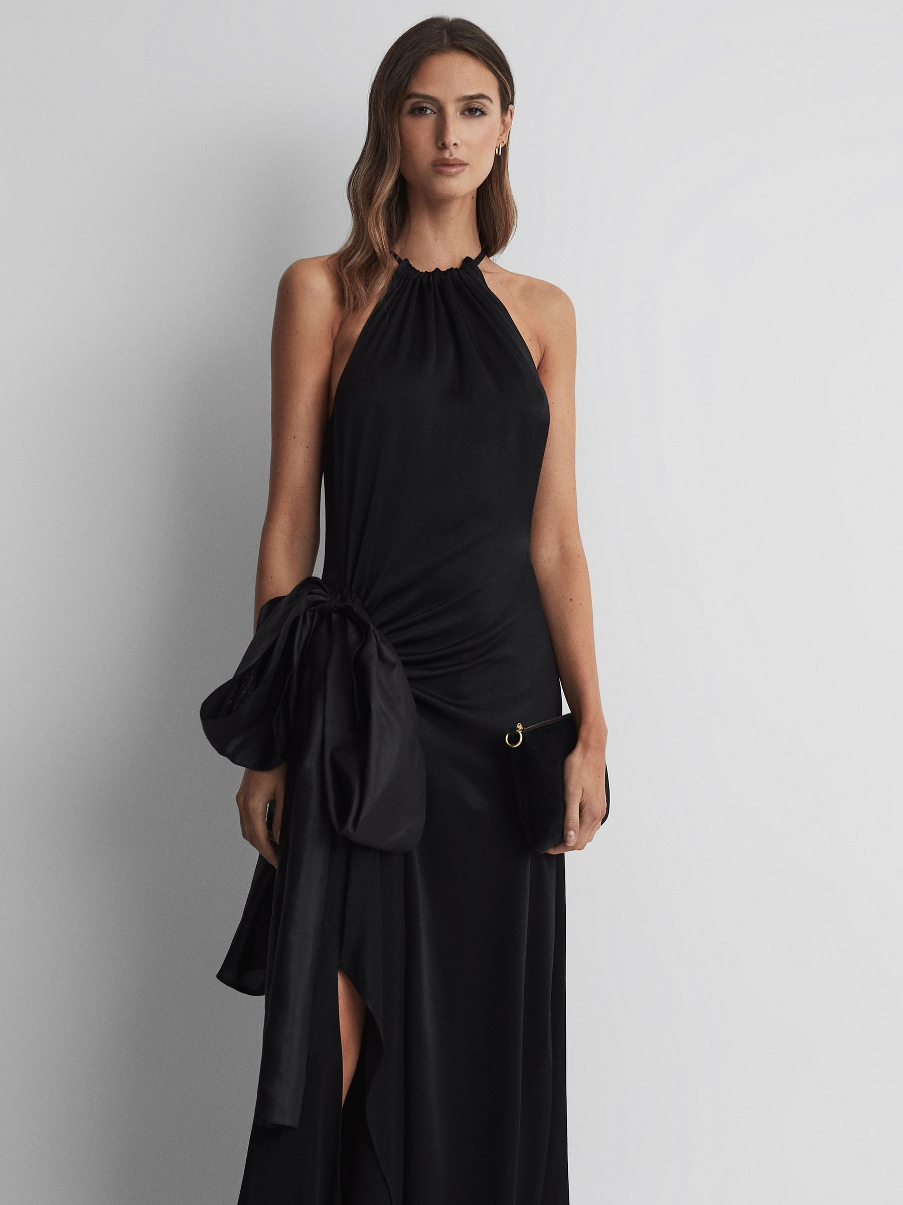 Satin Bow Halterneck Maxi Dress in Black - Image 4 of 5